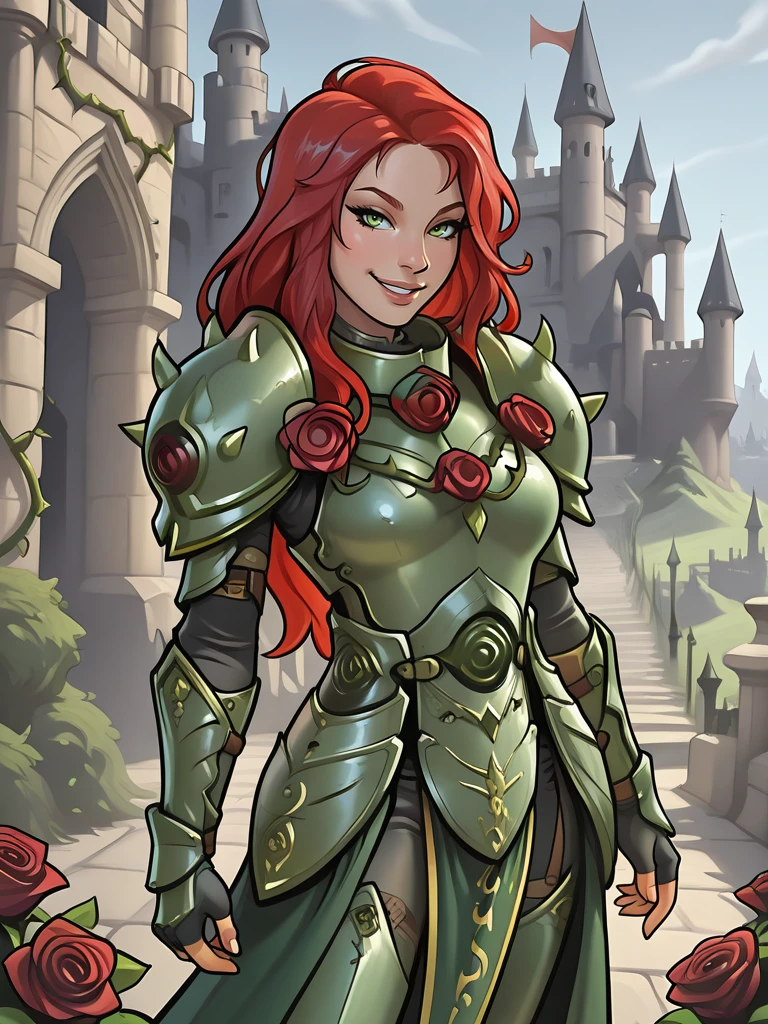 <lora:Tepet_Ejava_-_The_Roseblack__Exalted:0.7>
tepetejava,,long hair, red hair, green eyes,,armor, shoulder armor,,roses, thorns
standing in a castle, cowboy shot, looking at viewer, smiling