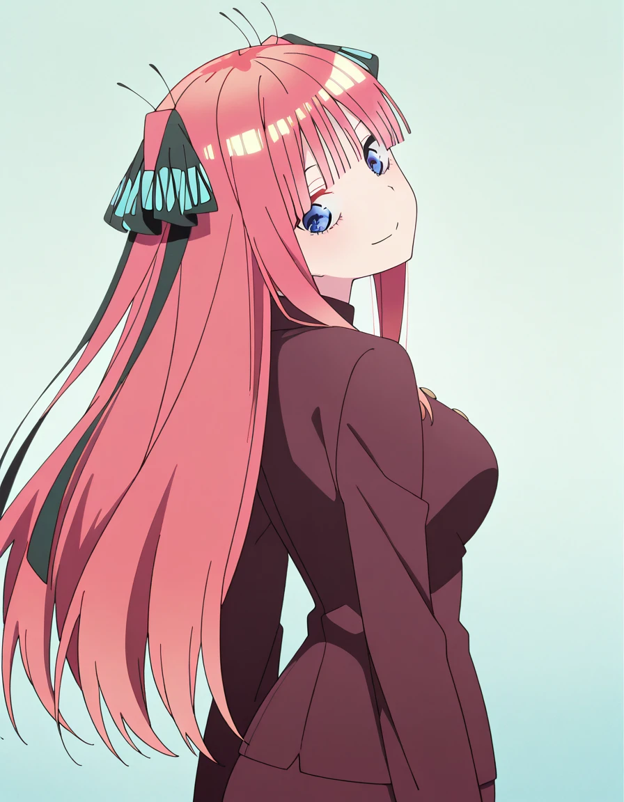 masterpiece, best quality, amazing quality,, <lora:nino-nakano-s2-illustriousxl-lora-nochekaiser:1>, nino nakano, long hair, bangs, blue eyes, hair ornament, hair ribbon, pink hair, blunt bangs, two side up, butterfly hair ornament, large breasts, animes screencap, <lora:shaft-look-illustriousxl-lora-nochekaiser:1>, shaft look, looking back, from behind, head tilt, cowboy shot, smile,, , ,
