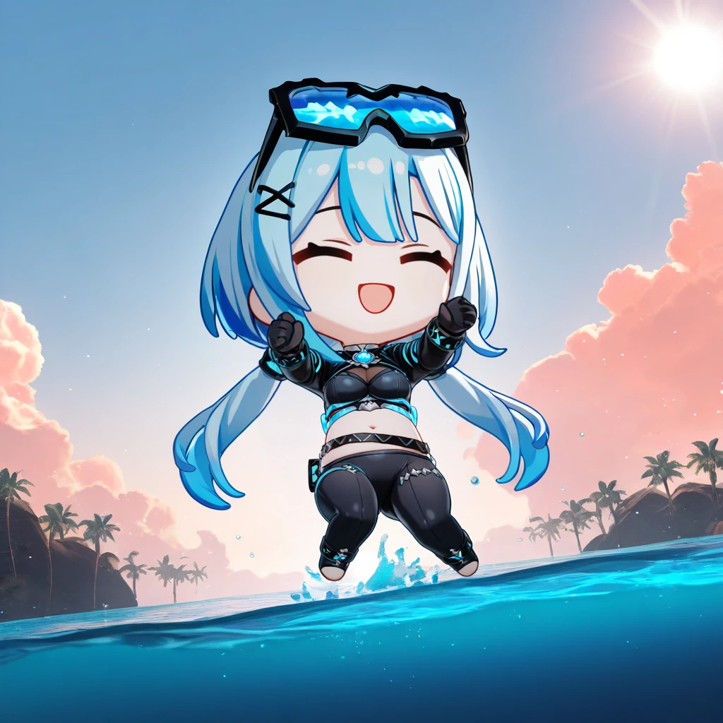 masterpiece, best quality, ultra-detailed, very aesthetic, detailed background, year 2023, very aesthetic, newest, scenery, highres, 4k, absurdres, 8k, colorful,vibrant, glowing, perfect face, 2d, perfect eyes, detailed eyes, 1girl, solo, ocean, outdoors, palm trees, rocks, pebbles, detailed background, day, sun, sky, clouds, in water, splashing, jumping midair, open mouth, excited, closed eyes, hands up, water particles, bend knees, waves, Chb3Hi3, 3d, (chibi)++, GriseoSWM, light blue hair, blue streaks, streaked hair, low twintails, long hair, goggles on head, blue-tinted eyewear, belt, hairclip, crop top, underbust, midriff, anklet, stirrup legwear, toeless footwear, black footwear, navel, black belt, loose belt, see-through cleavage, black shrug, shrug (clothing), light blue trim, blue gem, swimsuit, black leggings, leggings, criss-cross strings, black sleeves, long sleeves, black gloves, gloves, black bracelet, tube, thigh strap,
masterpiece, best quality, ultra-detailed, very aesthetic, newest, scenery, absurdres, perfect anatomy, perfect legs, perfect face, perfect eyes, clear eyes, beautiful eyes, perfect feet,