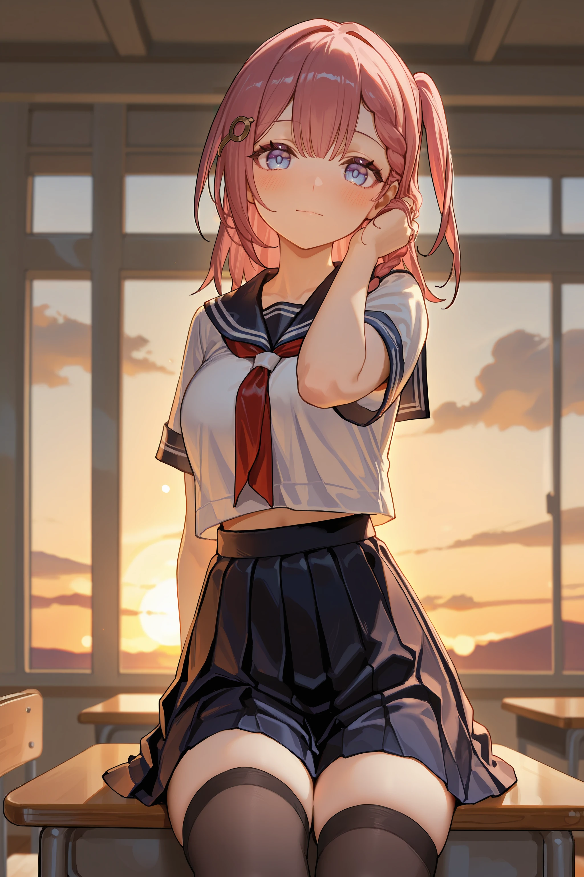 1girl, asta \(honkai: star rail\), hairpin, classroom, serafuku, sailor collar, pleated skirt, thighhighs, sunset, blush, cowboy shot, looking at viewer, sitting on desk, hand in own hair, light smile, blush, sunset, window, backlighting, depth of field <lora:Char-HonkaiSR-Asta-V3-IL:0.9:hr=0.6>, mimoza \(96mimo414\), rei \(sanbonzakura\), mochi \(circle rin\), (rhasta, yonchan, watao, minaba hideo:0.95)
masterpiece, best quality, amazing quality, very aesthetic, absurdres, newest, (scenery, volumetric lighting), ray tracing, (bloom:1.4), cinematic