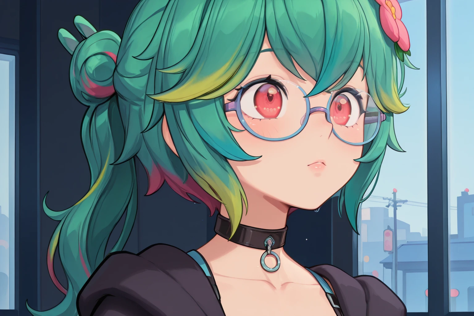<lora:HDA_Detailer:0.8>, HDA_MasterpieceClassic_v1.2, <lora:HDA_Rosedoodle:0.8>, Rosedoodle, green hair, multicolored hair, glasses, red eyes, short hair, portrait
