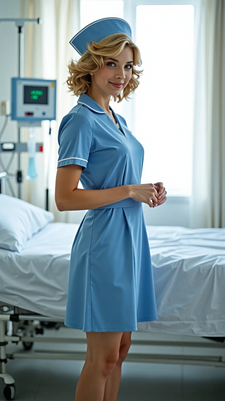 The setting is in a quiet and cozy hospital ward with a background of simple white walls. In the corner, medical equipment such as an ECG monitor or IV stand is placed. The bed is covered with light-colored sheets, and the surrounding curtains are half-drawn, allowing soft natural light to filter in. There is a faint smell of disinfectant in the air, creating an atmosphere of care and healing. The overall scene exhibits the warmth and professionalism of the nursing profession.
The filming angle is chosen as either a frontal or slightly side middle-range view. The camera height is at the level of the female model's waist or chest, focusing on the golden short curly-haired female model wearing a blue nurse uniform and a boat-shaped nurse cap. Her posture, expression, and clothing details are clearly presented while the ward environment in the background is appropriately blurred to create layers and emphasize the model as the core of the image. The primary lighting comes from natural light penetrating through the window and soft white lighting inside the ward, producing a bright and warm effect. The light falls from the side or above, outlining the lines of the nurse uniform and the sheen of the golden short curls. Some shadows fall on the ground and background, adding a sense of three-dimensionality and a cozy ambiance. The overall composition places the female model at the center of the picture, standing naturally or slightly leaning forward in a caring gesture, with a small amount of the ward background and a corner of the bed visible, showcasing the environmental atmosphere. The color palette is dominated by the blue of the nurse uniform, the white of the ward, and the warm hues of the golden short hair, creating a fresh and healing visual effect.
The female model is wearing the classic blue nurse uniform, which is well-tailored with white piping on the collar and cuffs. She may have a name tag or hospital badge on her chest, and a thin belt around her waist paired with white flat shoes, presenting a neat and professional look. On her head, she wears a traditional boat-shaped nurse cap with a neat brim and a slightly lifted top, adding a touch of vintage and dignified aura. Her hair is golden short curls, naturally inwardly curled at the ends, with length just reaching below the ears or neck, reflecting a gentle sheen under the light, radiating refreshing and gentle qualities. Her features are delicate, skin fair, with warm and focused eyes, a slightly friendly smile at the corner of her mouth, expressing the patience and care of a nurse. Her stance is natural and professional, possibly lightly folding her hands in front or holding a record board or stethoscope with one hand, body slightly leaning forward as if attending to the patient's condition, showcasing meticulousness and a sense of responsibility. Close-up shots may focus on the details of her golden short curls, the boat-shaped nurse cap, or the warm aura in her eyes. The background of the hospital bed and medical equipment further accentuates the hospital atmosphere. Her posture and expression are compelling, drawing the audience's attention to the model's gentle aura and professional demeanor, delivering a sense of comfort and healing emotional resonance, as if they are also present in this cozy ward, witnessing the nurse's care and immersed in this human-centric moment.