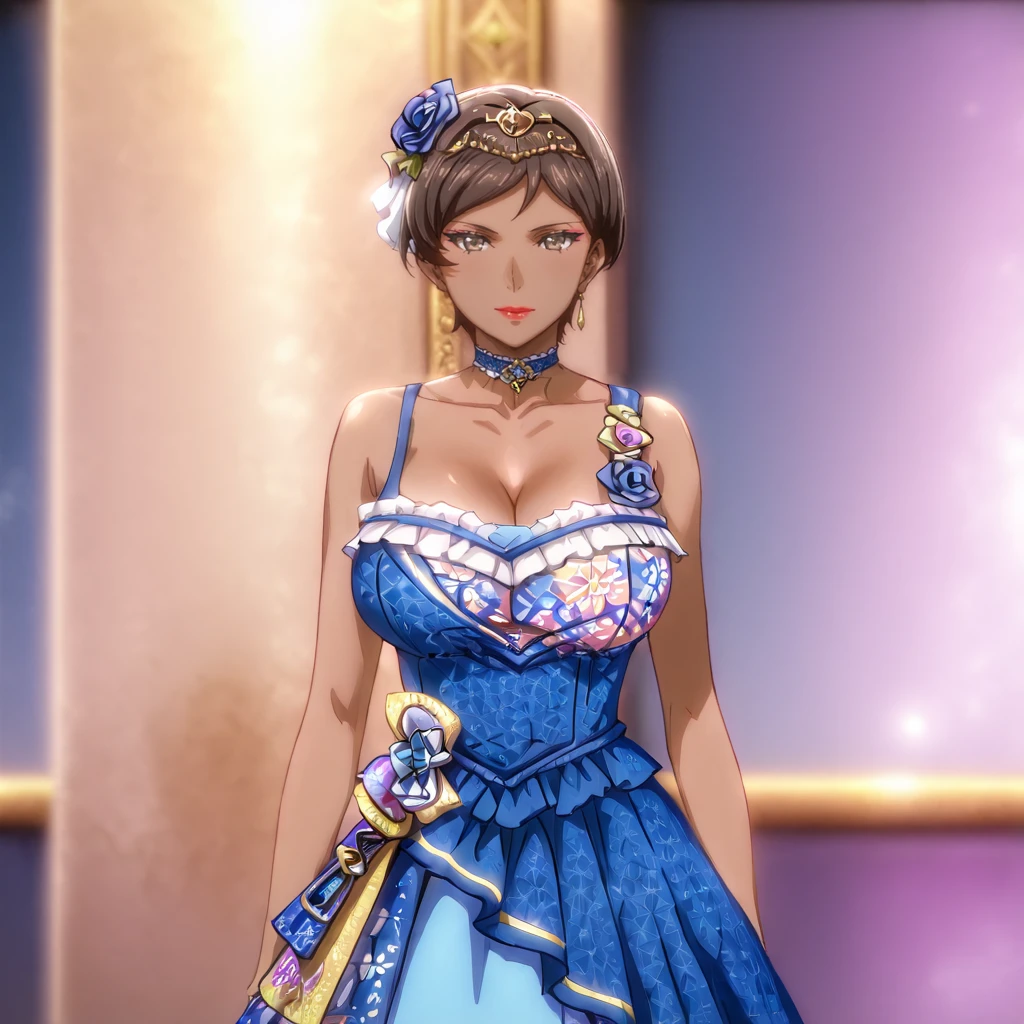 <lora:Catwomanhunted_illustrious_v1:1>SelinaKyleHuntedTowel, 1girl, solo, short hair, dark skin, dark-skinned female, large breasts, brown hair, lipstick, brown eyes, makeup, cowboy shot, <lora:idressb01:1> blue_idol_dress,hair ornament, hair ornament, bare shoulders, cleavage, collarbone, tiara,choker, hair flower, blue footwear,asymmetric dress,