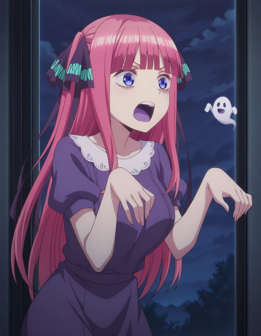 masterpiece, best quality, amazing quality,, <lora:nino-nakano-s1-illustriousxl-lora-nochekaiser:1>, nino nakano, nakano nino, long hair, bangs, blue eyes, hair ornament, hair ribbon, pink hair, blunt bangs, two side up, butterfly hair ornament, mature female, breasts, anime screencap, <lora:ghost-pose-illustriousxl-lora-nochekaiser:1>, ghost pose, ghost, purple tongue, open mouth, tongue, hands up, indoors, night, night sky, dark, horror (theme), cloud, dark cloud, dim lighting, dark room, backlighting, cowboy shot, , ,