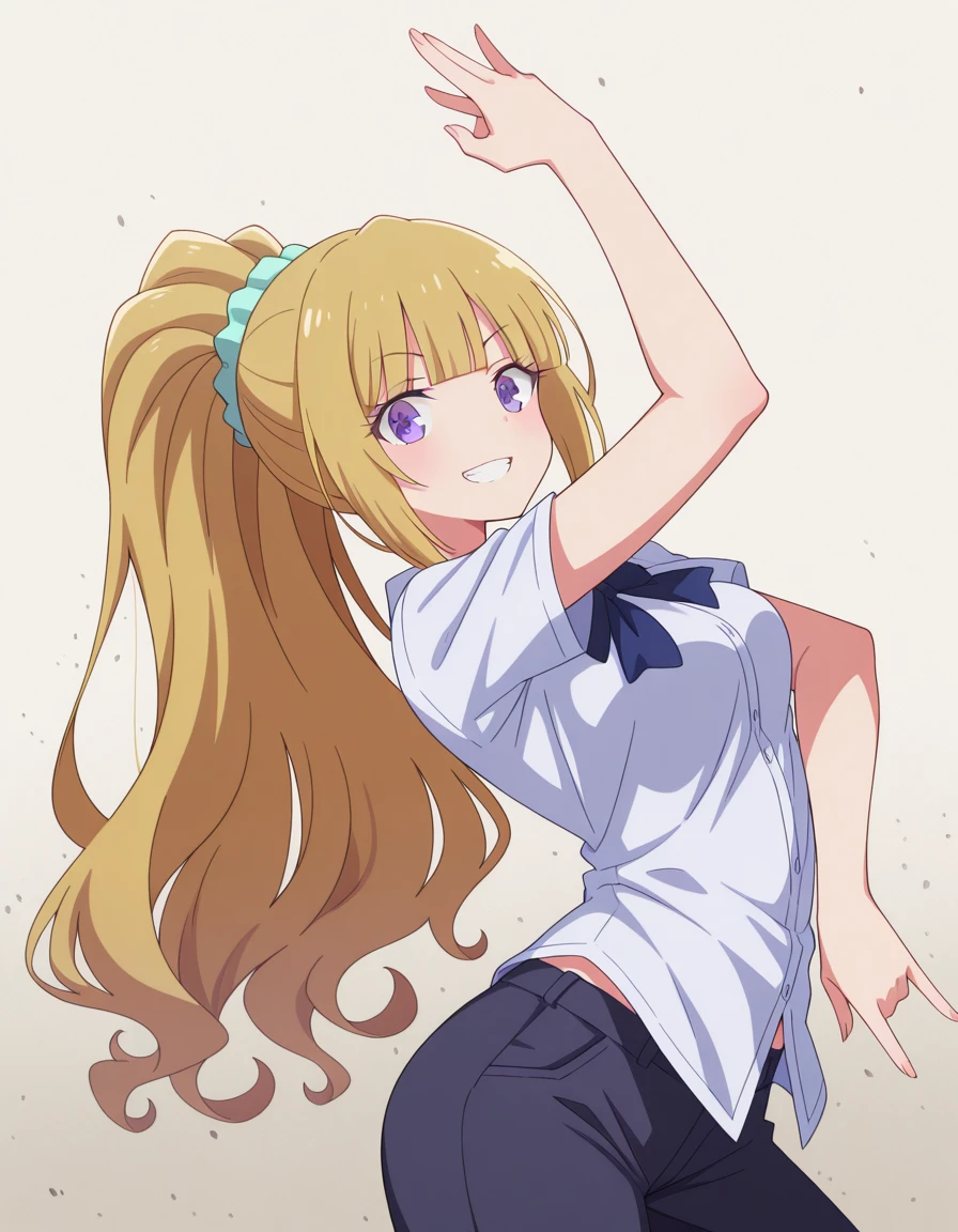 masterpiece, best quality, amazing quality,, <lora:kei-karuizawa-s2-v1-illustriousxl-lora-nochekaiser:1>, kei karuizawa, long hair, bangs, blunt bangs, purple eyes, blonde hair, shirt, hair ornament, ponytail, scrunchie, blue scrunchie, medium breasts,, <lora:killer-queens-pose-illustriousxl-lora-nochekaiser:1>, killer queens pose, killer queens's pose (jojo), jojo pose, arm up, hand up, \n/, double \n/, arm down, hand down, grin, arched back, bent over, cowboy shot, , ,