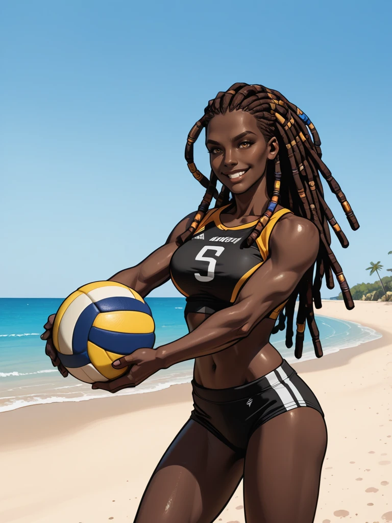 <lora:Harmonious_Jade__Exalted:0.7>
hjade,,very dark skin, long hair, brown hair, dreadlocks,,
playing beach volleyball, on a beach, spiking the ball, smiling, sports