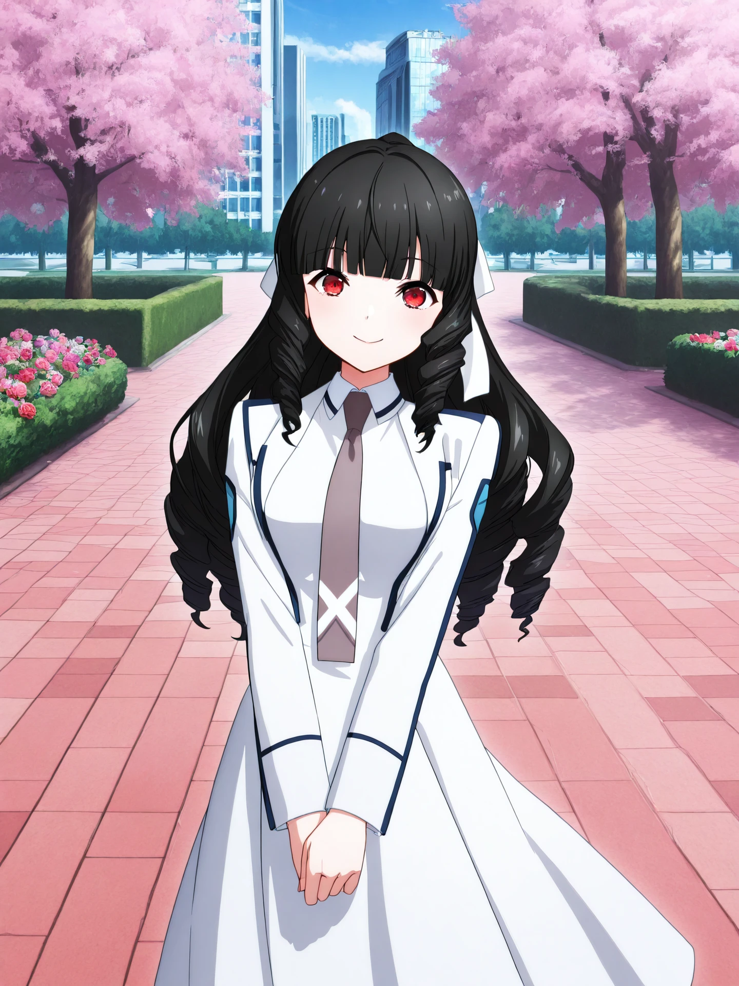 <lora:CC_Aesthetic_Masterpiece_1:1>, <lora:ST_Mahouka_Riromemo_0R:0.3>, riromemo
<lora:Kuroba_Ayako_0R:0.9>, ayakoschool
kuroba ayako, red eyes, black hair, long hair, drill hair, bangs, white ribbon, hair ribbon
fourth high school uniform, white jacket, white dress, long skirt, grey necktie, long sleeves
masterpiece, best quality, amazing quality, very aesthetic, absurdres, detailed background
1girl, solo, looking at viewer, facing viewer, cowboy shot, dynamic pose, smile
outdoors, futuristic, science fiction, park, city, building, tree, bush, flower bed, street, stone floor, cherry blossoms