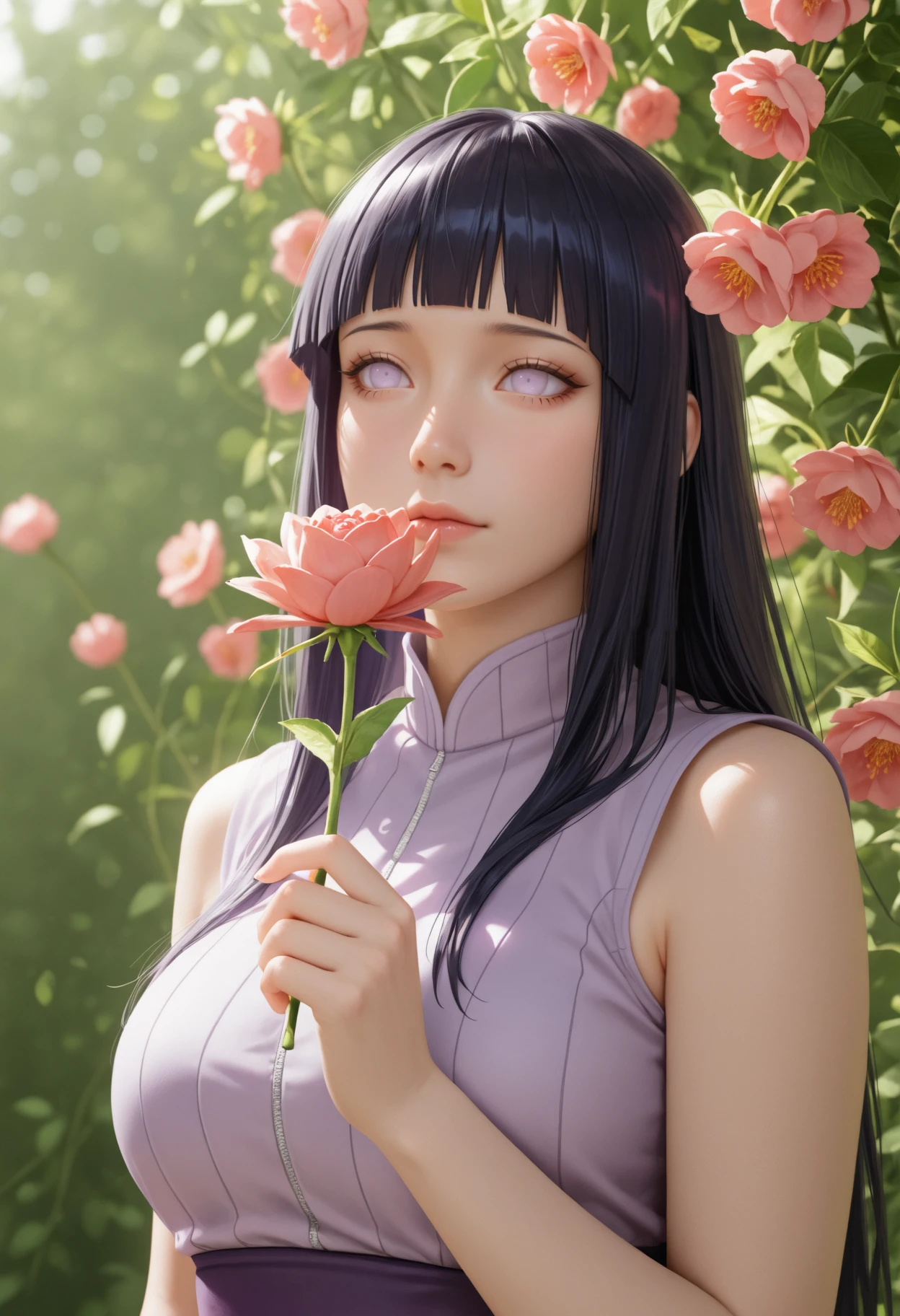 masterpiece, best quality, realistic,
hyuuga_hinata, naruto_(series), 1girl, solo, black_hair, purple_eyes
holding flowers
garden, flowers, soft lighting, vines, flowers in background, long hair, sleeveless, purple outfit,