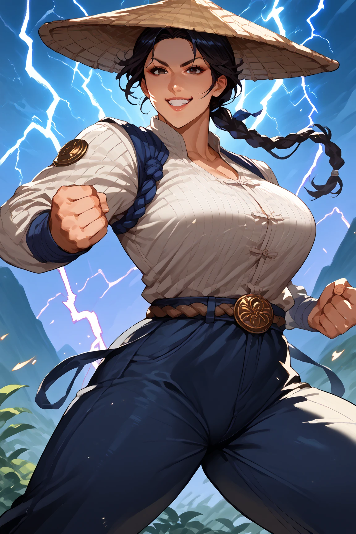 score_9, score_8_up, score_7_up, score_6_up, source_anime, solo, 1girl, large breasts, raidenmk1, hat, black hair, black eyes, outdoors, shirt, belt, pants, smile, lightning, fighting stance, <lora:Raiden-10:1>