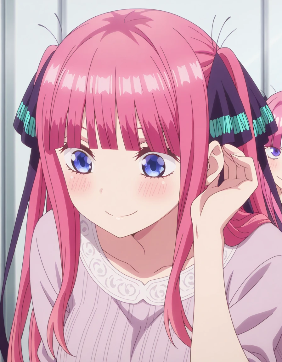 masterpiece, best quality, amazing quality,, <lora:nino-nakano-s1-illustriousxl-lora-nochekaiser:1>, nino nakano, nakano nino, long hair, bangs, blue eyes, hair ornament, hair ribbon, pink hair, blunt bangs, two side up, butterfly hair ornament, mature female, breasts, anime screencap, <lora:tucking-hair-illustriousxl-lora-nochekaiser:1>, tucking hair, adjusting hair, hand on own hair, hair behind ear, smile, bent over, leaning forward, blush,, , ,