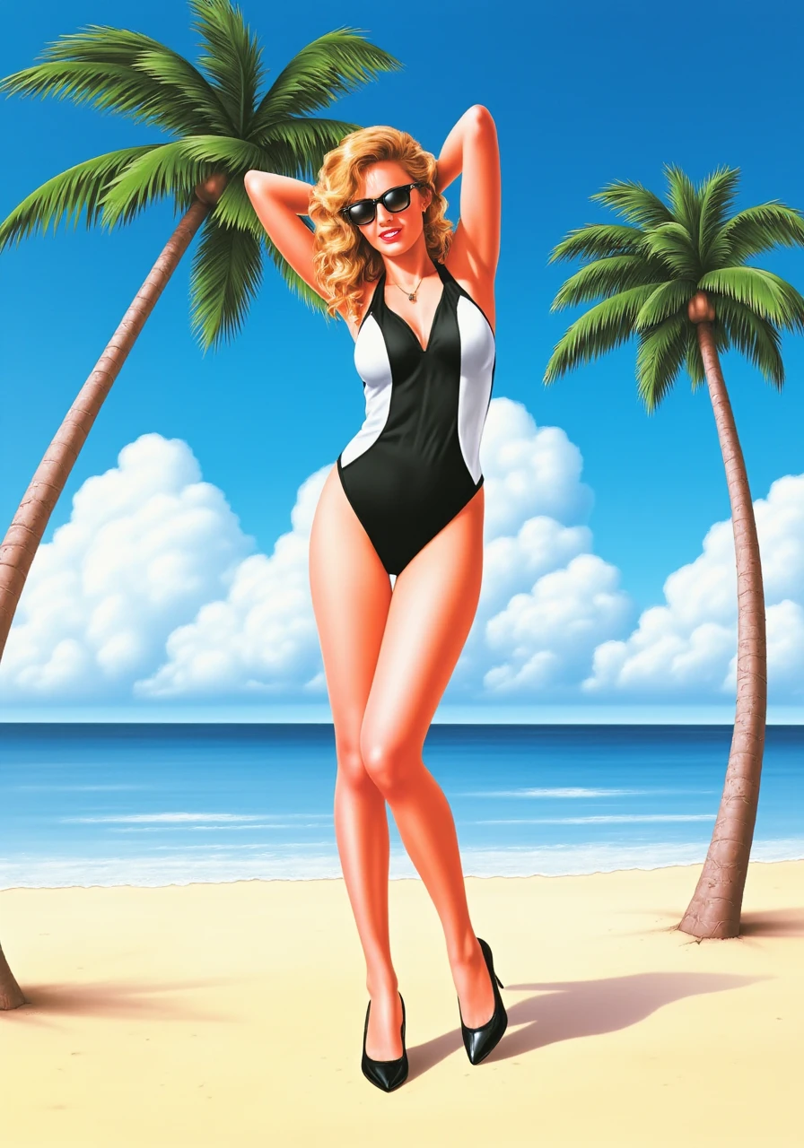 coloring book,clear photo of a girl on the beach, in swimsuits, with big breasts