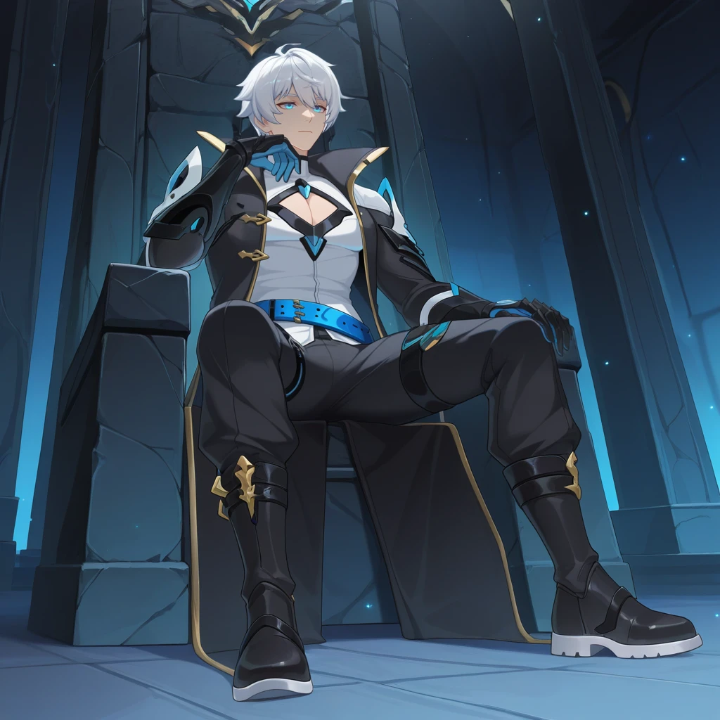 masterpiece, best quality, ultra-detailed, very aesthetic, detailed background, year 2023, very aesthetic, newest, scenery, highres, 4k, absurdres, 8k, colorful,vibrant, glowing, perfect face, 2d, perfect eyes, detailed eyes, 1boy, male focus, solo, indoors, underground, ancient ruins, figure four sitting, stone throne, sitting on throne, head rest, emotionless, full body, angled shot, foreshortening, from side, looking ahead,
short hair, white hair, blue eyes, KevinHi3, Kvn_Def, high collar, coat, cleavage cutout, pectoral cleavage, black coat, open coat, black pants, pants, white shirt, shirt, turtleneck shirt, clothing cutout, black gauntlets, two-sided gloves, black gloves, blue gloves, black sleeves, sleeves past elbows, leg belt, armor, blue belt, loose belt, black footwear, cross-laced boots, muscular male,
masterpiece, best quality, ultra-detailed, very aesthetic, newest, scenery, absurdres, perfect anatomy, perfect legs, perfect face, perfect eyes, clear eyes, beautiful eyes, perfect feet,