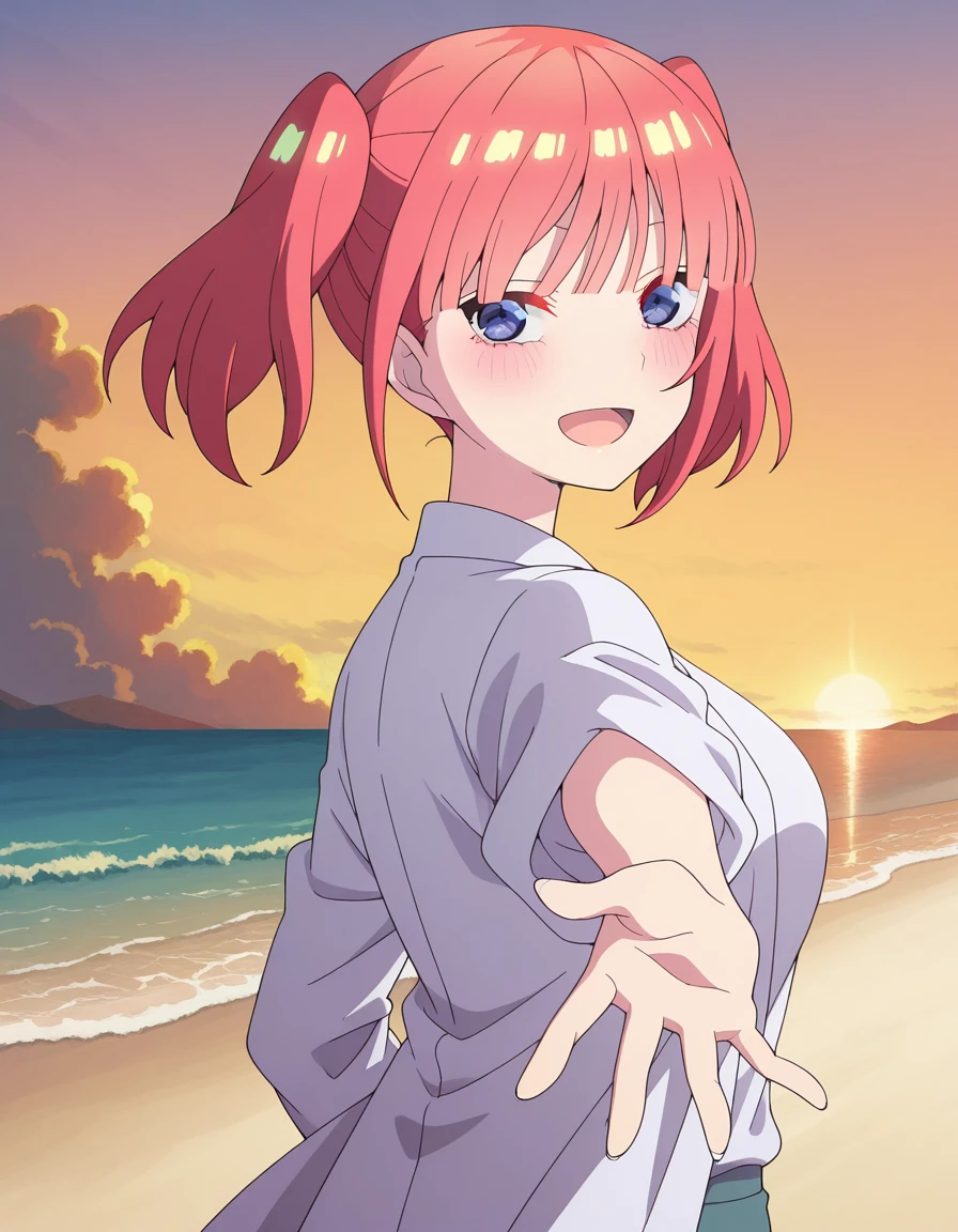 masterpiece, best quality, amazing quality,, <lora:nino-nakano-honeymoon-illustriousxl-lora-nochekaiser:1>, nino nakano, short hair, bangs, blue eyes, twintails, pink hair, blunt bangs, medium hair, eyebrows hidden by hair, mature female, breasts, anime screencap, <lora:looking-back-reaching-towards-viewer-illustriousxl-lora-nochekaiser:1>, looking back reaching towards viewer, looking at viewer, smile, looking back, open mouth, reaching towards viewer, beach, half-closed eyes, cowboy shot, sunset, , ,