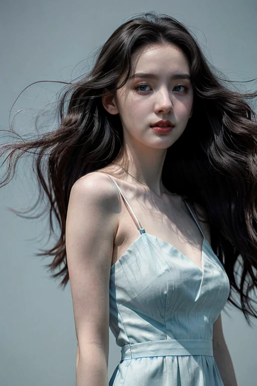 (photo of a beautiful girl:0.666) , <lora:ChineseBeauty:.9>, photoshoot, wavy black hair, light blue background, white long dress, portrait, volumetric lighting,