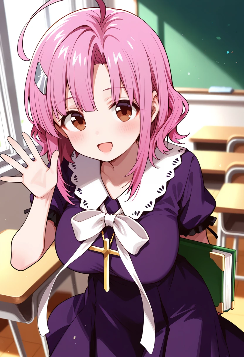masterpiece, best quality, 1girl, solo, <lora:ill_megu-ne:1>, gakkou_megumi, cowboy shot, purple dress, white collar, white bow, short sleeves, cross neckless, large breasts, pink hair, ahoge, bangs, medium hair, hair clip, brown eyes, looking at viewer, smile, open mouth, school, classroom, indoors, holding book, green book, waving hand