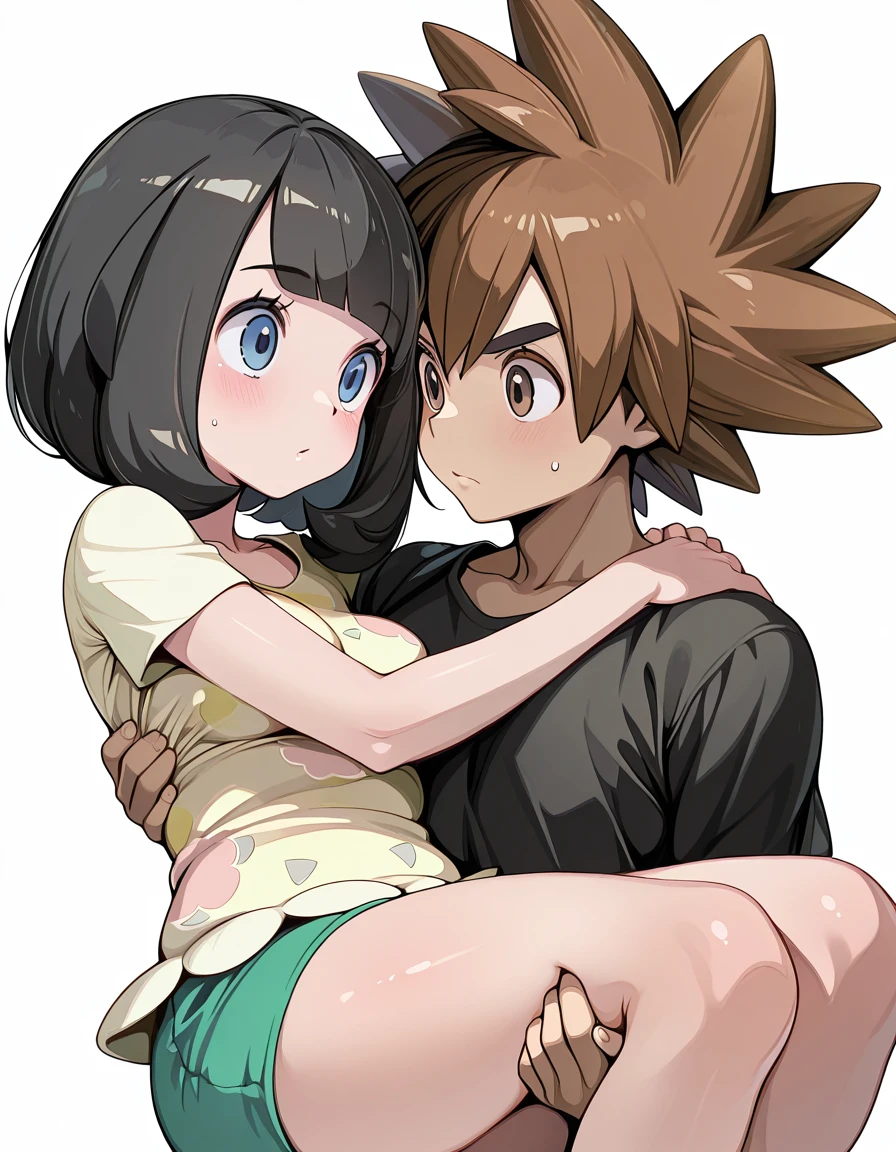 masterpiece, best quality, amazing quality,, <lora:pokemon-selene-illustriousxl-lora-nochekaiser:1>, selene, selene (pokemon), black hair, blue eyes, short hair, bangs, blunt bangs, mature female, medium breasts,, <lora:princess-carry-illustriousxl-lora-nochekaiser:1>, princess carry, hetero, carrying,, <lora:rito-yuuki-illustriousxl-lora-nochekaiser:1>, rito yuuki, brown hair, brown eyes, spiked hair, 1boy,