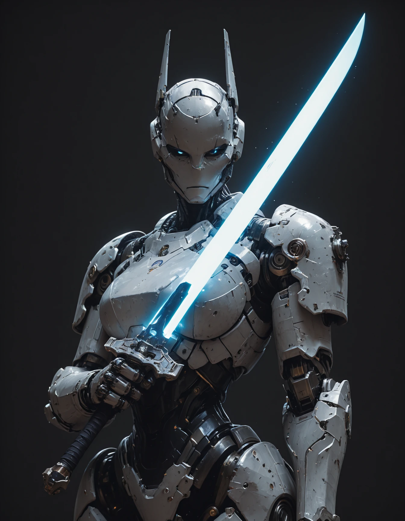 masterpiece, best quality, amazing quality, very aesthetic, high resolution, absurdres, newest, photorealism, realistic,,dynamic close up angle, solo female cyborg, crusader, metal skin, mechanical arms, mecha parts, white short hair, (solid black eyes:1.1), (black sclera:1.1), monochrome eyes, no mouth, full metal body, solid black eyes, no pupils, no whites, robot joints, head tilt, fighting stance, headgear, simple background, black background, black hole, glitch, holding a blue glowing sword <lora:HKStyleILV2:0.85> hkstyle <lora:MechaKnightsIL:0.85> hkmecha