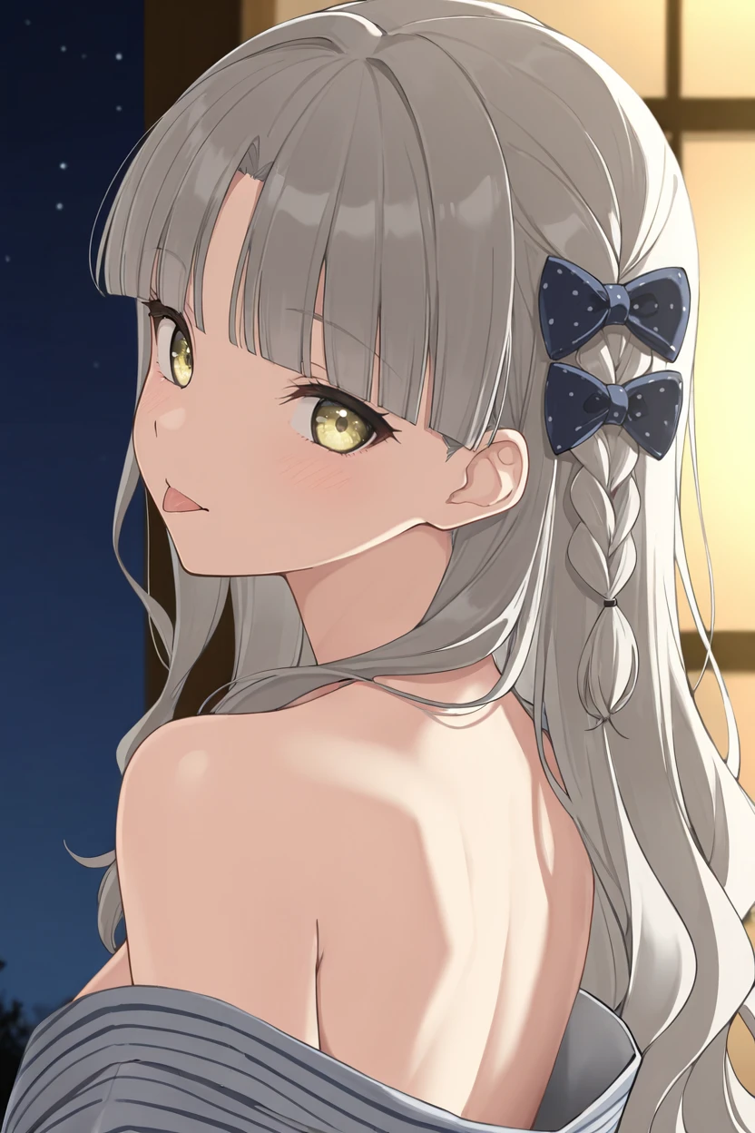 masterpiece, best quality, very aesthetic, newest, absurdres, highres,
1girl, solo,
 <lora:NagamineKaedeIllustriousV1:1> nagaminekaede, long hair, wavy hair, grey hair, blunt bangs, (parted bangs:1.2), single braid, hair bow,  yellow eyes,
kimono, bare shoulders, night sky, from behind, looking at viewer, tongue out,