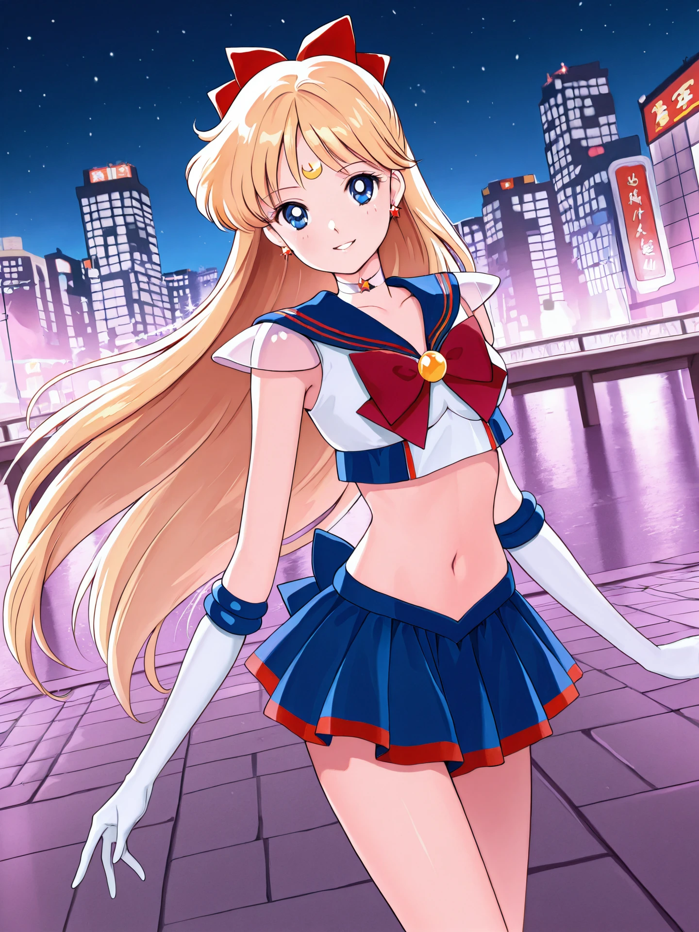 <lora:CC_Aesthetic_Masterpiece_1:1>, <lora:ST_Sailor_Moon_0R:0.7>, bsssmstyle
<lora:Sailor_V_0R:0.5>, sailorvum
sailor v, blonde hair, long hair, hair bow, blue eyes, crescent facial mark, forehead mark, earrings, medium breasts, petite, slim, skinny, thin thighs, thin legs, narrow hips, long legs
magical girl, sailor senshi uniform, white choker, crop top, red bow, jewelry, midriff, navel, elbow gloves, blue skirt
masterpiece, best quality, amazing quality, very aesthetic, absurdres, detailed background
1girl, solo, looking at viewer, facing viewer, cowboy shot, dynamic pose, smile, (open mouth:0.6)
outdoors, japan, tokyo, city, building, night, night sky, star \(sky\)