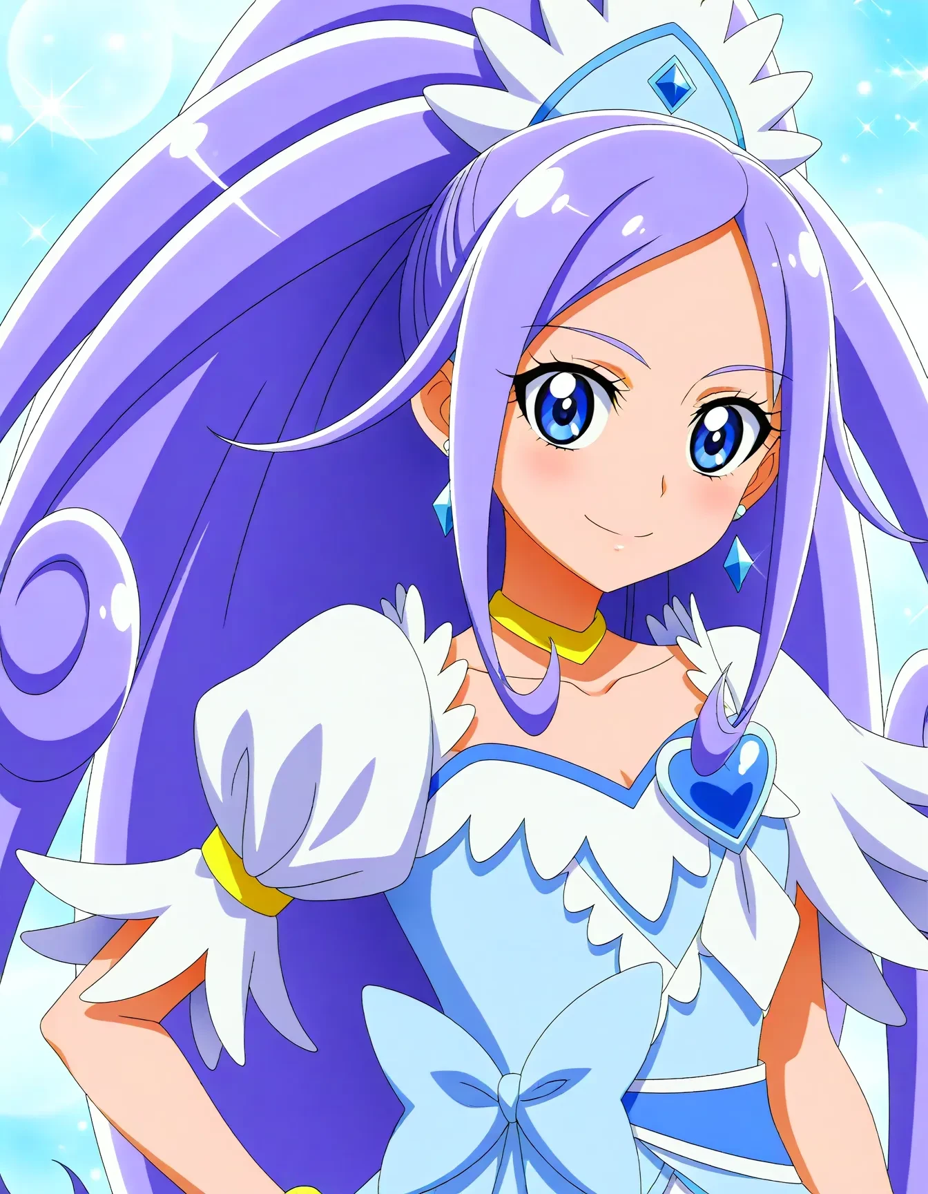 <lora:dmd2_sdxl_4step:1>,official style,masterpiece,best quality,newest,very aesthetic,highly detailed,high resolution,absurdres,highres,depth of field,super detailed skin,very awa,Anime,anime coloring,anime screencap,<lora:cure_diamond_V1:1>,cure diamond,blue hair,high ponytail,long hair,blue eyes,hair ornament,gem,jewelry,earrings,blur ribbon,heart brooch,choker,brooch,bracelet,blue bow,capelet,yellow choker,blue dress,yellow bracelet,smile,posing,
