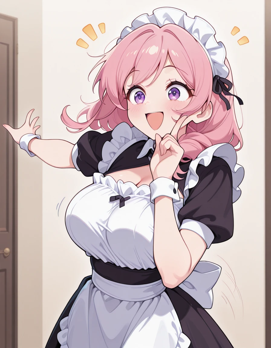 masterpiece, best quality, amazing quality,, <lora:CivChan:1>, CivChan, purple eyes, pink hair, mature female, breasts, maid headdress, , <lora:hoshino-ruby-dance-illustriousxl-lora-nochekaiser:1>, hoshino ruby dance, finger wagging, index finger raised, dancing, outstretched arm, cowboy shot, smile, open mouth,, , ,