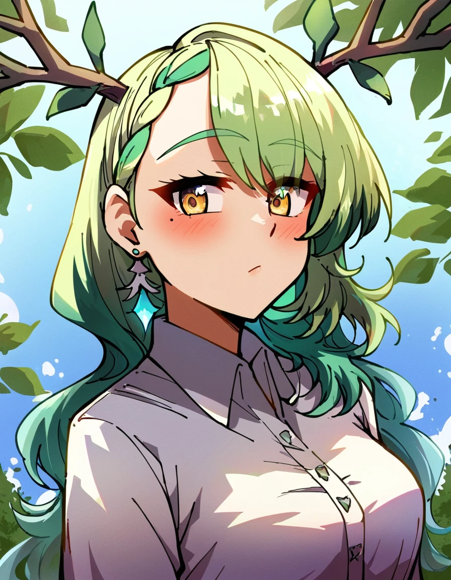 score_9, score_8_up, score_7_up, score_6_up, source_anime, anime coloring, <lora:by_ddolbang-pony-000017:0.8> by ddolbang, 1girl, ceres fauna, virtual youtuber, green hair, jewelry, mole under eye, antlers, solo, braid, mole, earrings, braided bangs, yellow eyes, shirt, blush, branch, white shirt, single braid, long hair, bangs, multicolored hair, looking at viewer, collared shirt