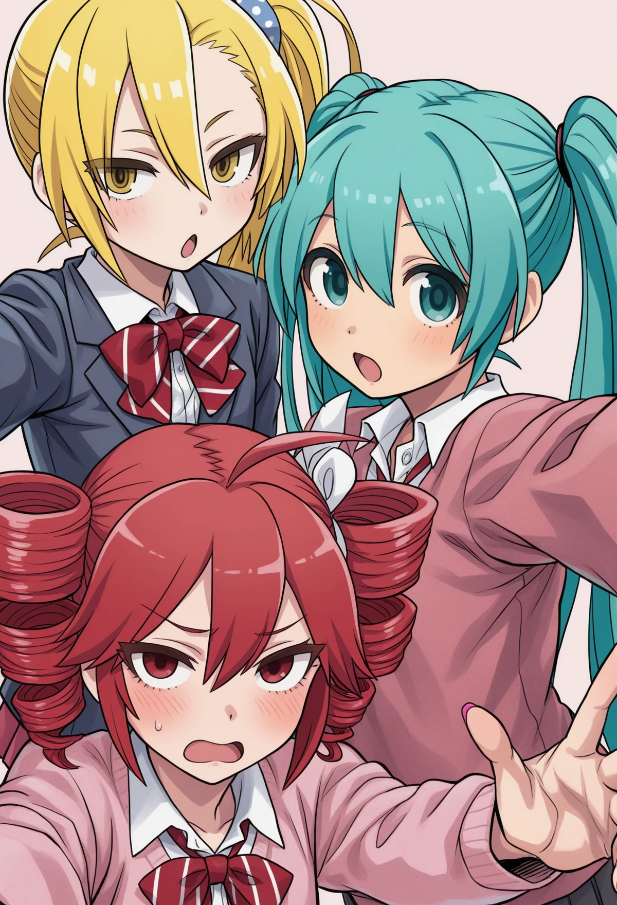 <lora:MCNsRadioheadB7_06:1> MCNsR4d1oHe4d,3girls, akita neru, hatsune miku, kasane teto,+_+, antenna hair, blonde hair, blush, bow, bowtie, collared shirt, hair between eyes, long hair, open mouth, pink nails, pink sweater, red bow, red bowtie, red eyes, red hair, shirt, side ponytail, reaching towards viewer, selfie,looking at viewer, striped bow, striped bowtie, striped clothes, sweater, upper body, very long hair, white shirt, yellow eyes,