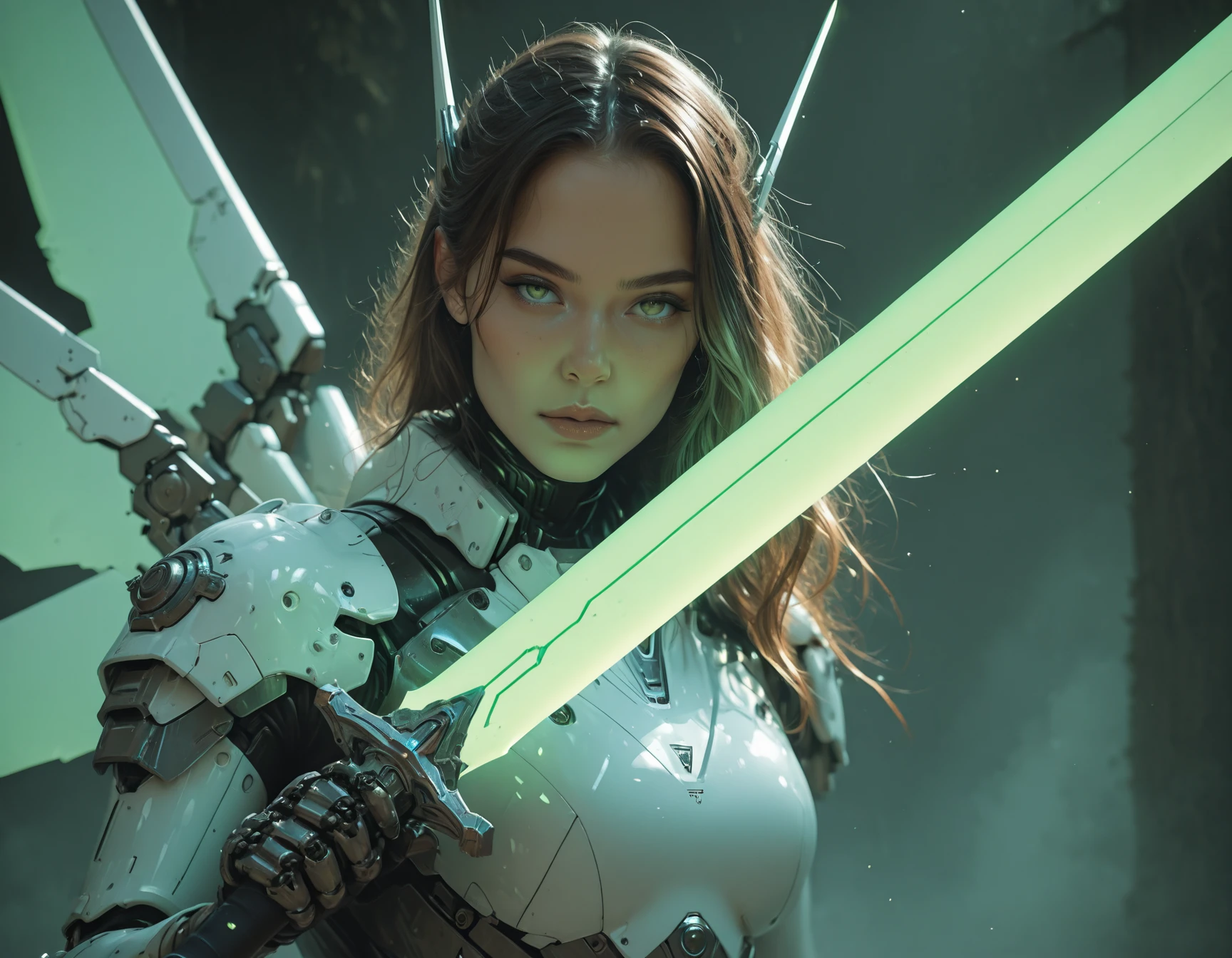 masterpiece, best quality, amazing quality, very aesthetic, high resolution, absurdres, newest, photorealism, realistic,,dynamic close up angle,1girl, brown hair, green eyes, white mecha armor with green details, white mecha wings, holding green sword, green glowing sword, spacestation in background, glowing, otherworldly glow<lora:HKStyleILV2:0.85> hkstyle <lora:MechaKnightsIL:0.85> hkmecha