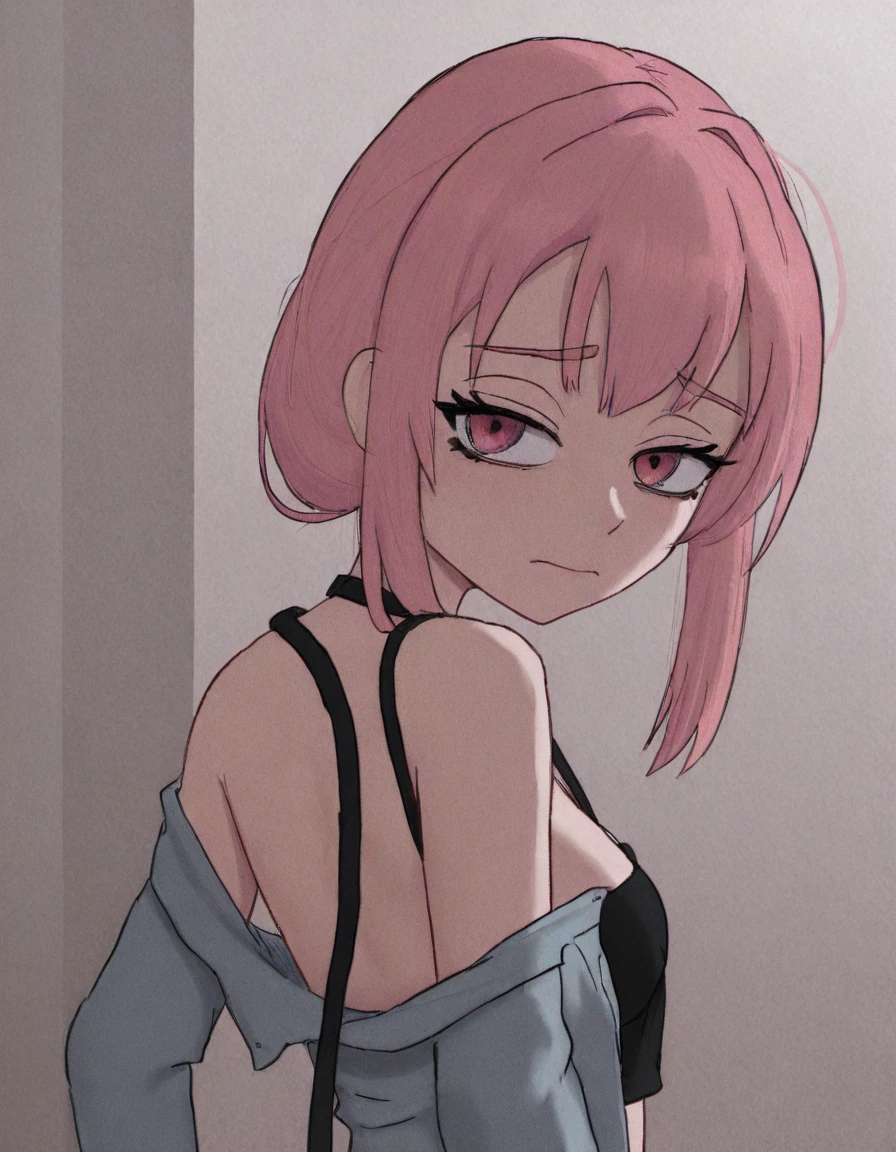 1girl, pink hair, short hair, black and pink clothes, flat, pink eyes, mean, short, sitting, angry, bored, sword