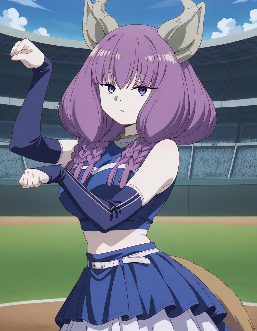masterpiece, best quality, amazing quality,, <lora:aura-the-guillotine-s1-illustriousxl-lora-nochekaiser:1>, aura the guillotine, aura (sousou no frieren), long hair, purple eyes, purple hair, braid, horns, twin braids, mature female, medium breasts, anime screencap, <lora:kitsune-dance-illustriousxl-lora-nochekaiser:1>, kitsune dance, cheerleader, layered skirt, paw pose, fox ears, white belt, fox tail, baseball stadium, blue shirt, blue skirt, crop top, sleeveless shirt, midriff, , ,