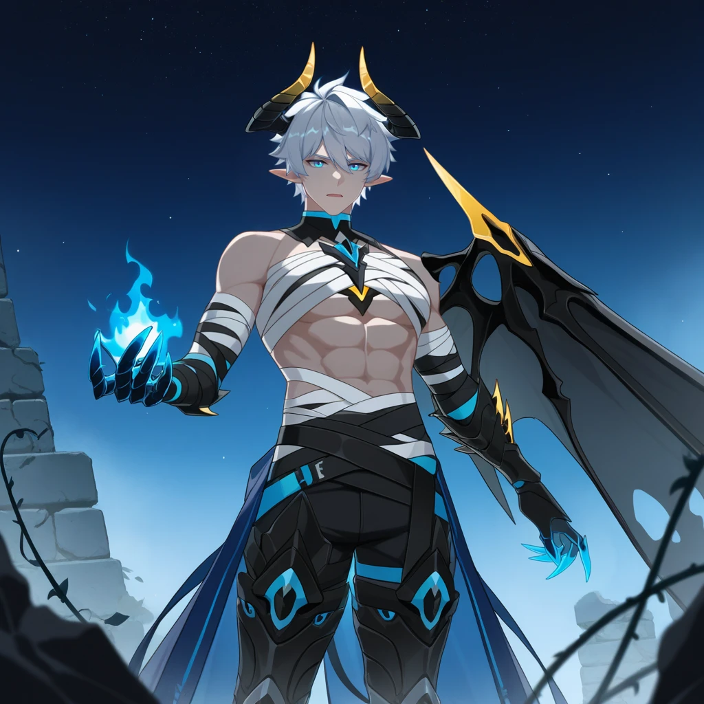 masterpiece, best quality, ultra-detailed, very aesthetic, detailed background, year 2023, very aesthetic, newest, scenery, highres, 4k, absurdres, 8k, colorful,vibrant, glowing, perfect face, 2d, perfect eyes, detailed eyes, 1boy, male focus, solo, ancient ruins, debris, mist, fog, vines, ruins, stone bricks, rocks, outdoors, dynamic pose, raised hand, looking at viewer, angled shot, open mouth, v eyebrows, blue flame, flame on hand, cowboy shot, detailed background, night, night sky, night time, starry sky,
short hair, white hair, blue eyes, KevinHi3, Kvn_Dmn, tail, demon horns, dragon horns, waist cape, white top, black horns, yellow horns, leg wrap, shoulder spike, black bandages, white bandages, bandaged legs, bandaged waist, bandaged chest, single wing, demon boy, black wings, claws, elbow gloves, black gloves, clawed gauntlets, torn clothes, horns, multicolored horns, blue trim, bandages, bare shoulders, spikes, black legwear, bandaged arm, demon wings, armored boots, black knee boots, midriff, abs, armored collar, armored legwear,
masterpiece, best quality, ultra-detailed, very aesthetic, newest, scenery, absurdres, perfect anatomy, perfect legs, perfect face, perfect eyes, clear eyes, beautiful eyes, perfect feet,