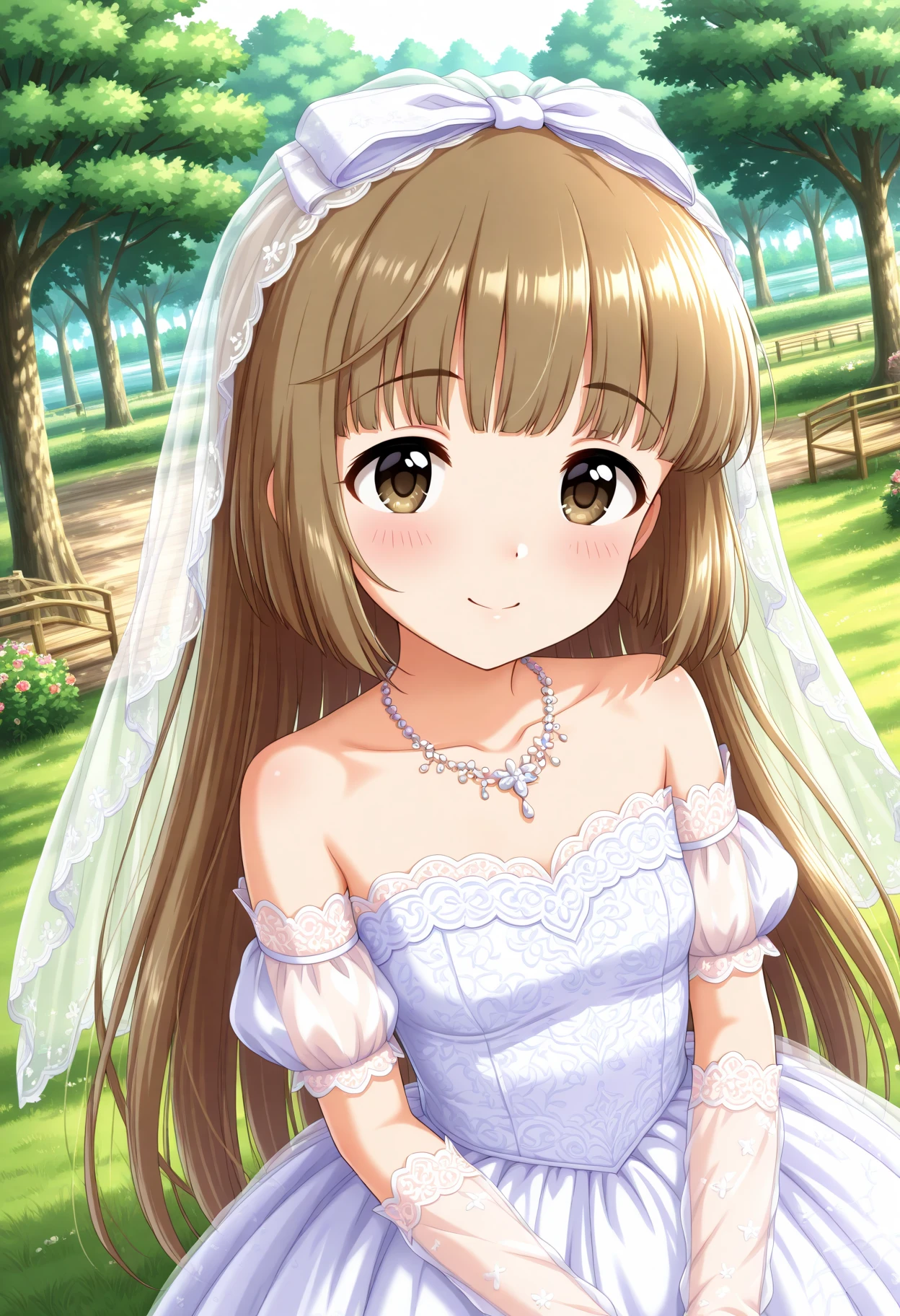masterpiece, best quality, amazing quality, 1girl, solo, makeup, perspective, general, looking at viewer, dynamic angle, upper body, serene smile, outdoors, blush, grass, tree, water, bridge, sunlight, day, garden, <lora:Yorita_Yoshino_Cinderella:1>, Yorita_Yoshino_Cinderella, long hair, brown hair, very long hair, brown eyes, blunt bangs, hair ribbon, dress, jewelry, collarbone, french braids, outdoors, detached sleeves, white dress, necklace, see-through, veil, lace trim, strapless dress, wedding dress, bridal veil, bride, lace-trimmed dress, strapless, lace, off-shoulder dress, <lora:wai-Rectified-s:1>, <lora:prompt_extend:1>