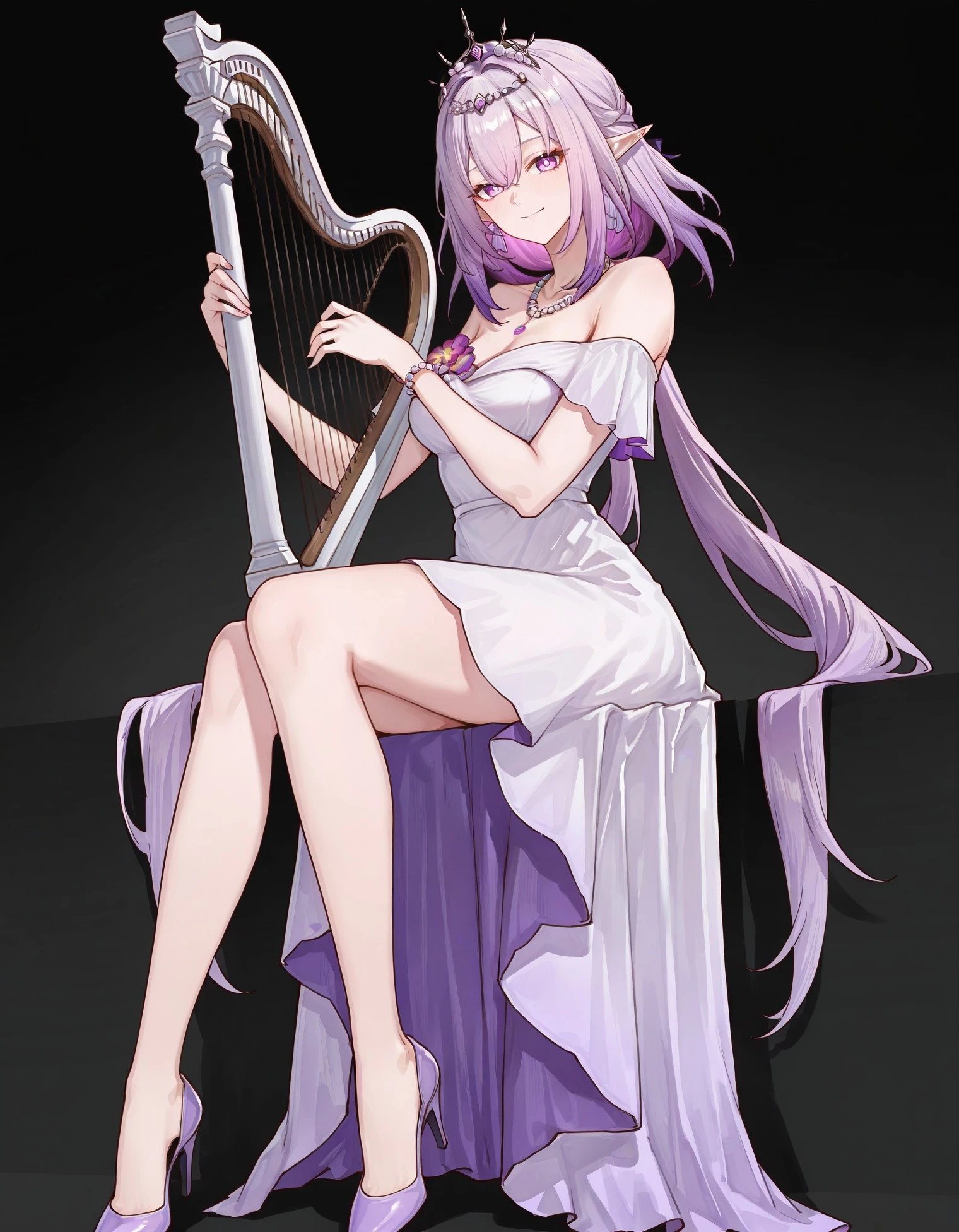 masterpiece, best quality, very aesthetic, absurdres, [detailed face], [detailed eyes], Cas1or9ce, 1girl, solo, long hair, , looking at viewer, smile, bangs, dress, holding, hair between eyes,  shoulders, jewelry, sitting, very long hair, closed mouth, purple eyes, purple hair, multicolored hair, pointy ears, necklace, off shoulder, white dress, high heels,  legs, strapless, tiara, black background, instrument, strapless dress, purple dress, beads, off-shoulder dress, purple footwear, playing instrument, holding instrument, harp Aos0_sty, <lora:1941ab7c-ce12-4e93-ab29-b2c2f8dbb61b:0.9>, <lora:8a50eaa4-e668-4231-af85-7c7893a9f703:0.7>