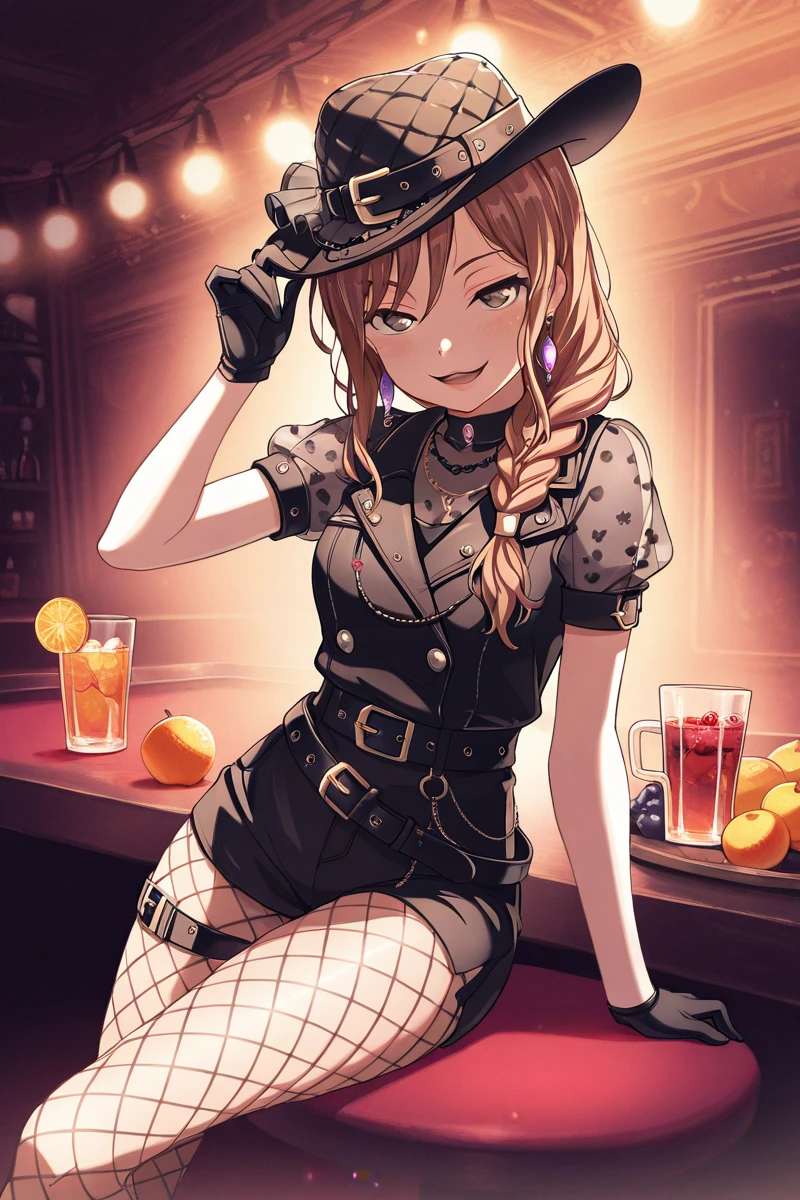 masterpiece, best quality, amazing quality,
<lora:Lisa_IL:1> lisa_imai, 1girl, gloves, hat, jewelry, earrings, fishnets, solo, black gloves, table, smile, cup, fishnet pantyhose, sitting, pantyhose, short sleeves, open mouth, lewd smile, seductive pose, braid, fruit, looking at viewer, hair over shoulder, lights, belt