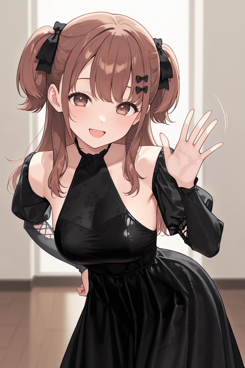 masterpiece, best quality, very aesthetic, newest, absurdres, highres,
1girl, solo,
<lora:SeraHonokaIllustriousV1:1> serahonoka, brown hair, long hair, two side up, hair bow, hair ribbon, brown eyes,
hand on hip, palm waving, leaning forward, dancing, open mouth, smile,
<lora:HelaBlackDressILL:0.8> satin black dress, puffy sleeves, halterneck, detached sleeves,long sleeves,