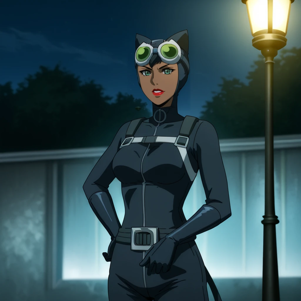 <lora:Catwomanhunted_illustrious_v1:1>catwomanHuntedGogglesUp, 1girl, dark skin, dark-skinned female, lipstick, makeup, animal ears, goggles on head, black hair, breasts, bodysuit, green eyes, short hair, red lips, lamppost, parody, cowboy shot