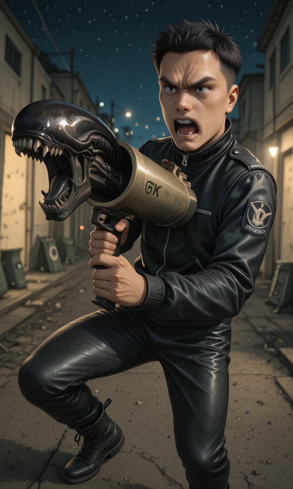 A true still from an award-winning movie, from top, Overhead Shot, side view,
night, (alien launcher gun/Xenomorph), holding weapon, outdoors, (1boy/very handsome face, very short hair, black eyes, black hair), expressionless, contrast lighting, blurry background, Pilot jacket, leather pants, tactical boots, weapon focus, screaming, angryscreaming, angry, dynamic background,
subsurface scattering, atmospheric lighting, imperfections, natural, shallow dof, vibrant colors, action shot,
masterpiece, best quality, good quality, very aesthetic, absurdres, newest, 8K, depth of field,
