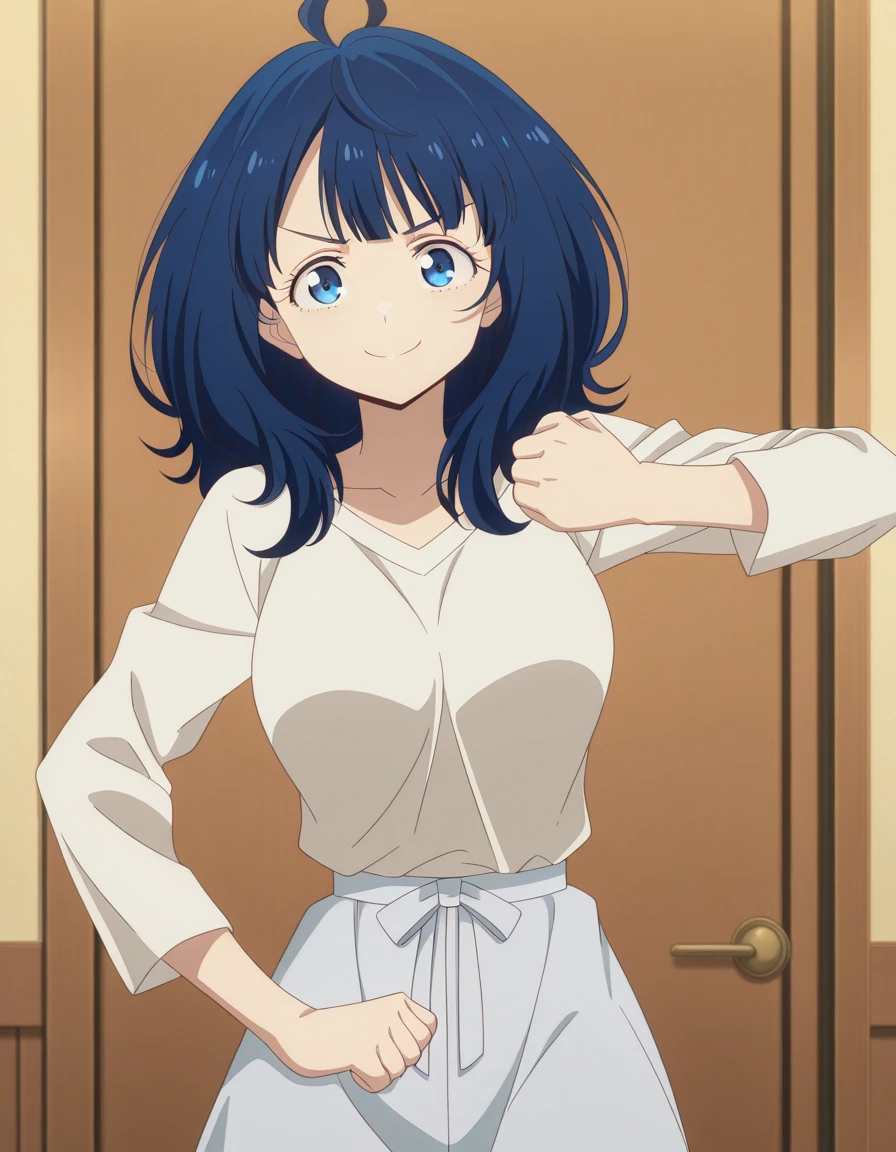 masterpiece, best quality, amazing quality,, <lora:anna-yanami-s1-illustriousxl-lora-nochekaiser:1>, anna yanami, yanami anna, medium hair, blue eyes, ahoge, blue hair, mature female, breasts, anime screencap, <lora:giorno-giovannas-pose-illustriousxl-lora-nochekaiser:1>, giorno giovannas pose, giorno giovanna's pose (jojo), jojo pose, hand up, clenched hand, hand on waist, smile, looking at viewer, cowboy shot,, , ,