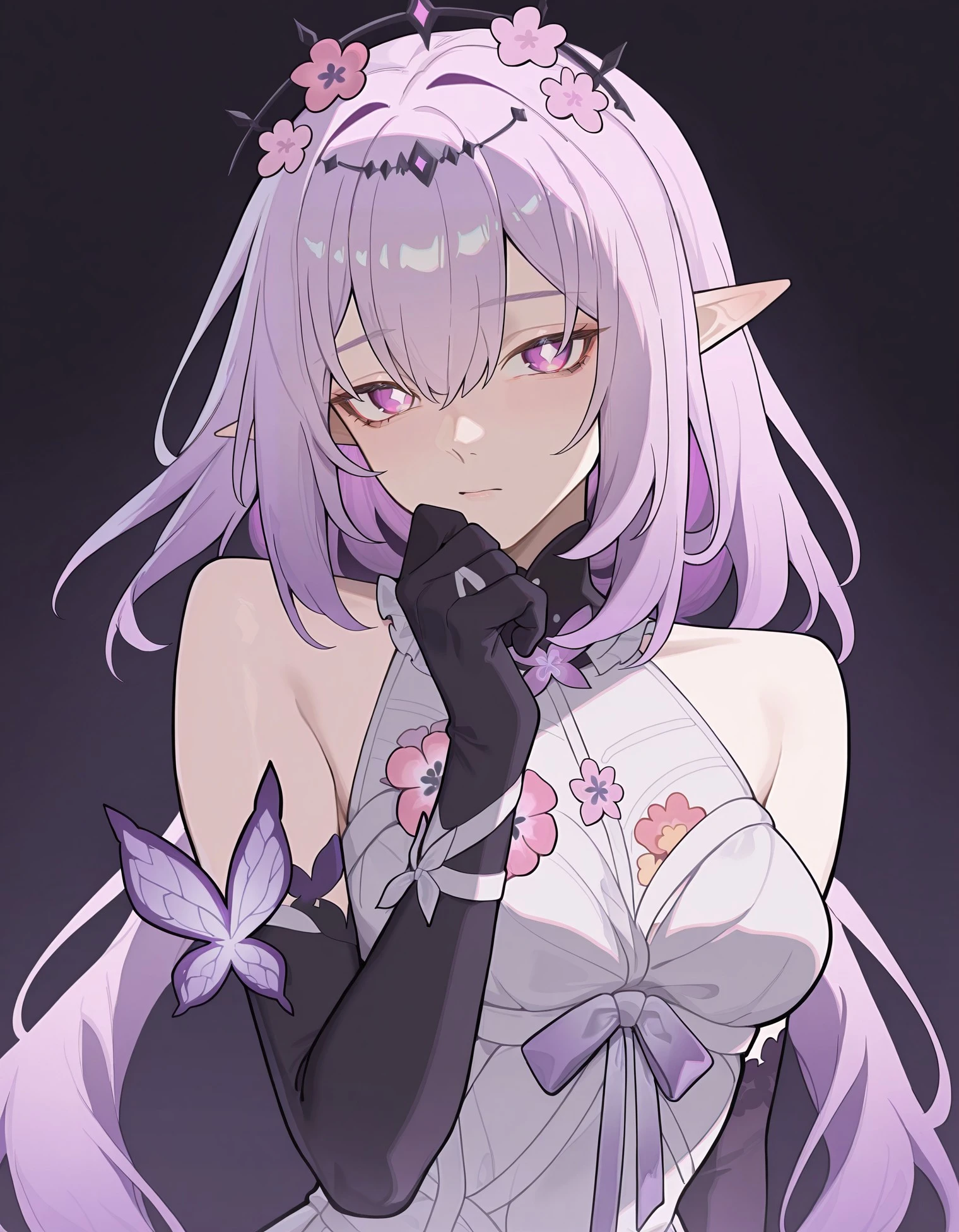 masterpiece, best quality, very aesthetic, absurdres, [detailed face], [detailed eyes], Cas1or9ce, 1girl, solo, long hair, breasts, looking at viewer, bangs, hair ornament, gloves, dress, hair between eyes, bare shoulders, purple eyes, upper body, purple hair, flower, sleeveless, pointy ears, black gloves, hair flower, sleeveless dress, elf, pink flower, gloomy beach background, ATB Style, <lora:1941ab7c-ce12-4e93-ab29-b2c2f8dbb61b:0.9>, <lora:ea8df5a0-c267-4e8e-9675-5554112d4168:0.8>