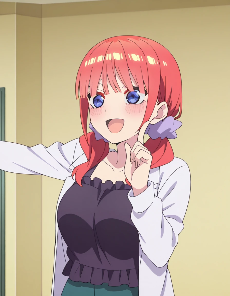 masterpiece, best quality, amazing quality,, <lora:nino-nakano-honeymoon-illustriousxl-lora-nochekaiser:1>, nino nakano, bangs, blue eyes, hair ornament, twintails, pink hair, blunt bangs, medium hair, scrunchie, eyebrows hidden by hair, purple scrunchie, mature female, breasts, anime screencap, <lora:hoshino-ruby-dance-illustriousxl-lora-nochekaiser:1>, hoshino ruby dance, finger wagging, index finger raised, dancing, outstretched arm, cowboy shot, smile, open mouth,, , ,