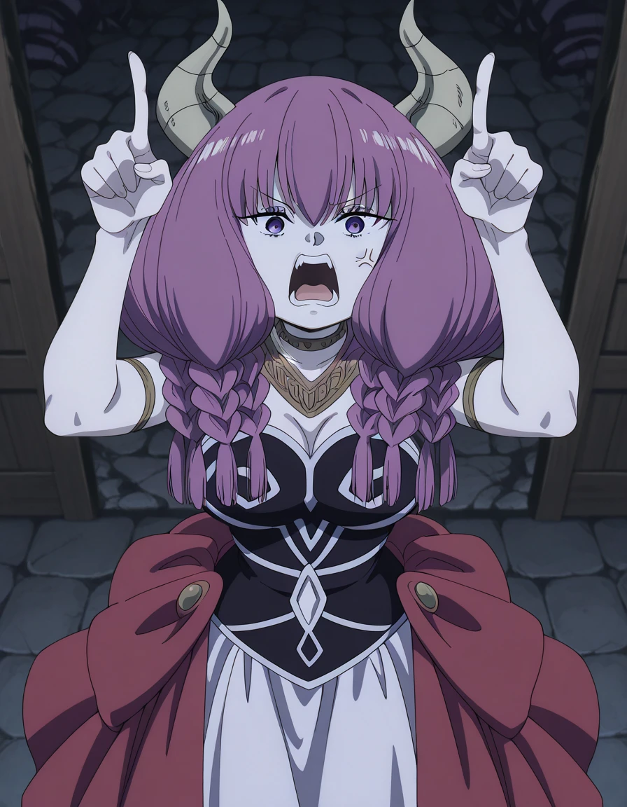 masterpiece, best quality, amazing quality,, <lora:aura-the-guillotine-s1-illustriousxl-lora-nochekaiser:1>, aura the guillotine, aura (sousou no frieren), long hair, purple eyes, purple hair, braid, horns, twin braids, mature female, medium breasts, anime screencap, <lora:horns-pose-illustriousxl-lora-nochekaiser:1>, horns pose, index fingers raised, angry, steam, open mouth, shouting, anger vein, cowboy shot, hands up,, , ,