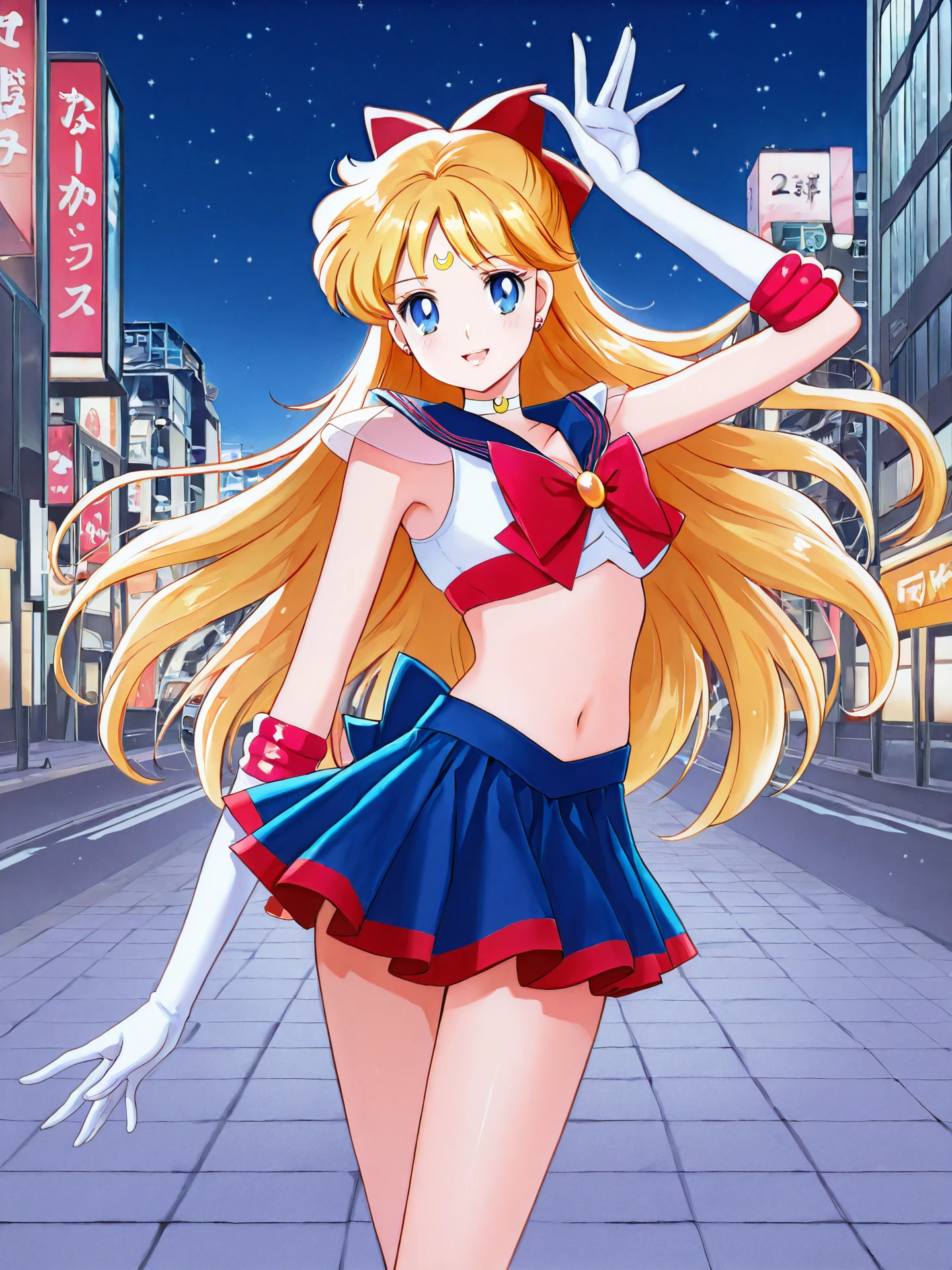 <lora:CC_Aesthetic_Masterpiece_1:1>, <lora:ST_Sailor_Moon_Crystal_0R:0.7>, bsssmstyle
<lora:Sailor_V_0R:0.7>, sailorvum
sailor v, blonde hair, long hair, hair bow, blue eyes, crescent facial mark, forehead mark, earrings, medium breasts, petite, slim, skinny, thin thighs, thin legs, narrow hips, long legs
magical girl, sailor senshi uniform, white choker, crop top, red bow, jewelry, midriff, navel, elbow gloves, blue skirt
masterpiece, best quality, amazing quality, very aesthetic, absurdres, detailed background
1girl, solo, looking at viewer, facing viewer, cowboy shot, dynamic pose, smile, (open mouth:0.6), sailor moon pose
outdoors, japan, tokyo, city, building, night, night sky, star \(sky\)