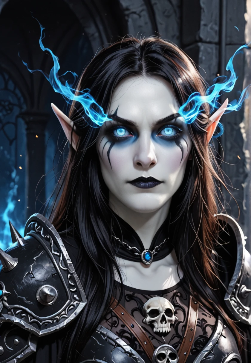 (masterpiece, best quality, highly detailed, realistic), source_photograph, profile portrait of mcasati as a blood elf death knight, long bushy white hair, (Pale skin:1.5), looking at the viewer, wearing armor, pauldrons with spikes and skulls, world of warcraft, fantasy, close up, pointy ears, colored sclera, blue sclera, blue eyes, glowing eyes, no eyes, no pupils, flaming eyes
<lora:Luisa_Casati_IL:1> mcasati, black hair, eyeliner, dark lipstick,