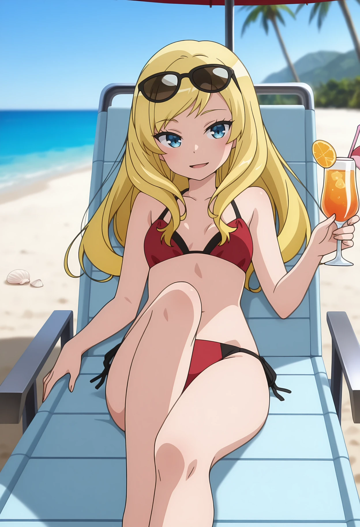 anime screencap, masterpiece, best quality,
<lora:ImoutoSaeIrebaIi_AshleyOono_IlluXL:0.9>,
1girl, solo, open mouth, light smile, blush,
swept bangs, long hair, blonde hair, blue eyes,
sunglasses, multicolored bikini, red bikini, black bikini, small breasts, side-tie bikini bottom,
sitting, knee up, on back, lounge chair, eyewear on head, holding cup, cocktail,
beach, horizon, palm tree, towel, shell, parasol, photo background, blurry background