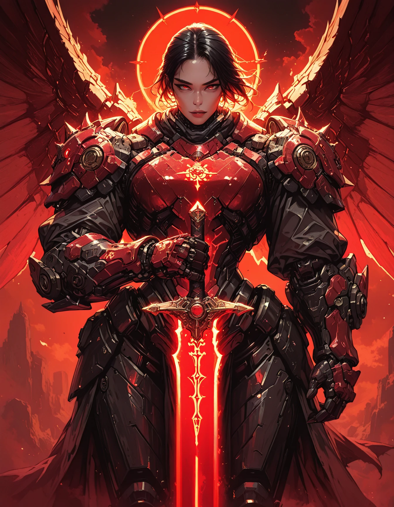 masterpiece, best quality, amazing quality, very aesthetic, high resolution, absurdres, newest, photorealism, realistic,,dynamic close up angle, 1girl, black hair, red eyes, black mecha armor with red details, red mecha wings, holding red sword, red glowing sword, spacestation in background, glowing, otherworldly glow<lora:HKStyleILV2:0.85> hkstyle <lora:MechaKnightsIL:0.85> hkmecha