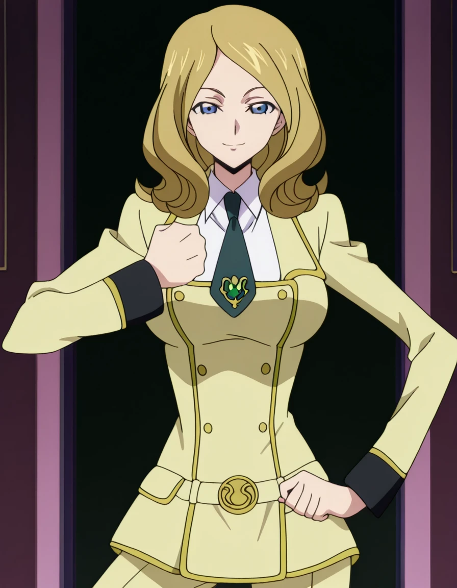 masterpiece, best quality, amazing quality,, <lora:milly-ashford-s1-illustriousxl-lora-nochekaiser:1>, milly ashford, long hair, blue eyes, blonde hair, mature female, breasts, anime screencap, <lora:giorno-giovannas-pose-illustriousxl-lora-nochekaiser:1>, giorno giovannas pose, giorno giovanna's pose (jojo), jojo pose, hand up, clenched hand, hand on waist, smile, looking at viewer, cowboy shot,, , ,
