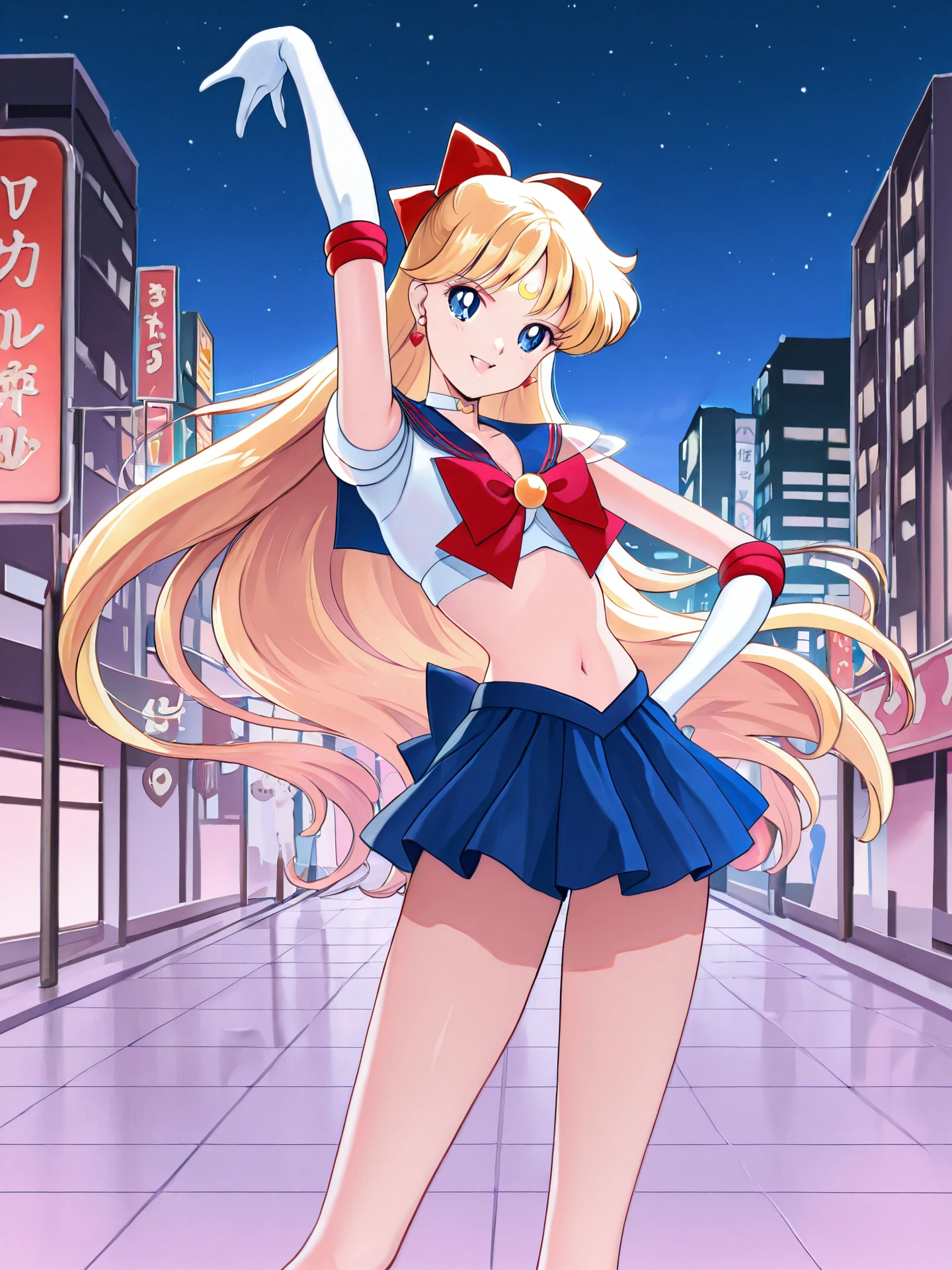 <lora:CC_Aesthetic_Masterpiece_1:1>, <lora:ST_Sailor_Moon_0R:0.7>, bsssmstyle
<lora:Sailor_V_0R:0.5>, sailorvum
sailor v, blonde hair, long hair, hair bow, blue eyes, crescent facial mark, forehead mark, earrings, medium breasts, petite, slim, skinny, thin thighs, thin legs, narrow hips, long legs
magical girl, sailor senshi uniform, white choker, crop top, red bow, jewelry, midriff, navel, elbow gloves, blue skirt
masterpiece, best quality, amazing quality, very aesthetic, absurdres, detailed background
1girl, solo, looking at viewer, facing viewer, cowboy shot, dynamic pose, smile, (open mouth:0.6), sailor moon pose
outdoors, japan, tokyo, city, building, night, night sky, star \(sky\)
