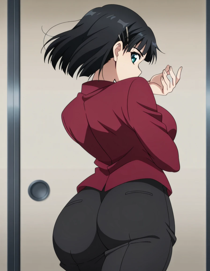 masterpiece, best quality, amazing quality,, <lora:suguha-kirigaya-s1-illustriousxl-lora-nochekaiser:1>, suguha kirigaya, short hair, black hair, hair ornament, hairclip, green eyes, mature female, breasts, anime screencap, <lora:dio-brandos-pose-illustriousxl-lora-nochekaiser:1>, dio brandos pose, dio brando's pose (jojo), back, ass, from behind, jojo pose, standing, cowboy shot,, , ,