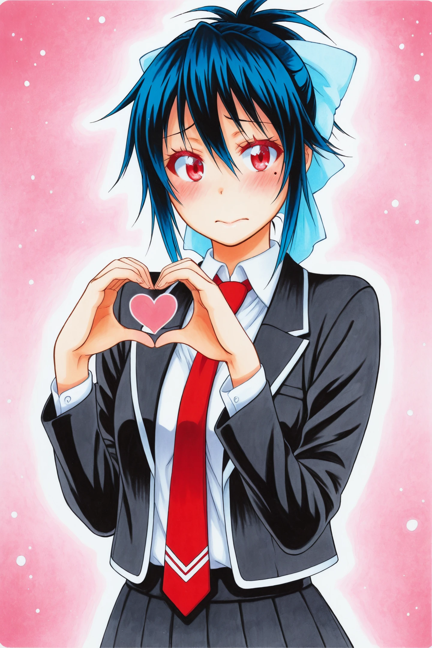 Comic Style,Tsugumi Seishiro,solo,heart,red eyes,heart hands,school uniform,necktie,1girl,black hair,blush,short hair,light blue bow,hair bow,blue hair,traditional media,mole under eye,
<lora:Naoshi Komi_illustriousXL:1.2>,