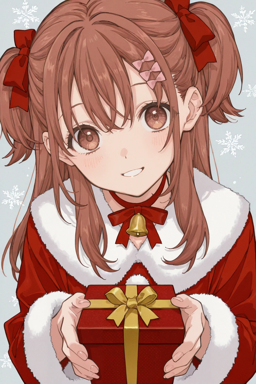 masterpiece, best quality, very aesthetic, newest, absurdres, highres,
1girl, solo,
<lora:SeraHonokaIllustriousV1:1> serahonoka, brown hair, long hair, two side up, hair bow, hair ribbon, brown eyes,
santa costume, smile, :o, head tilt, jingle bell, gift box, snowflake background,
<lora:TanemuraArinaIllustriousV1:1> tanemura arina
